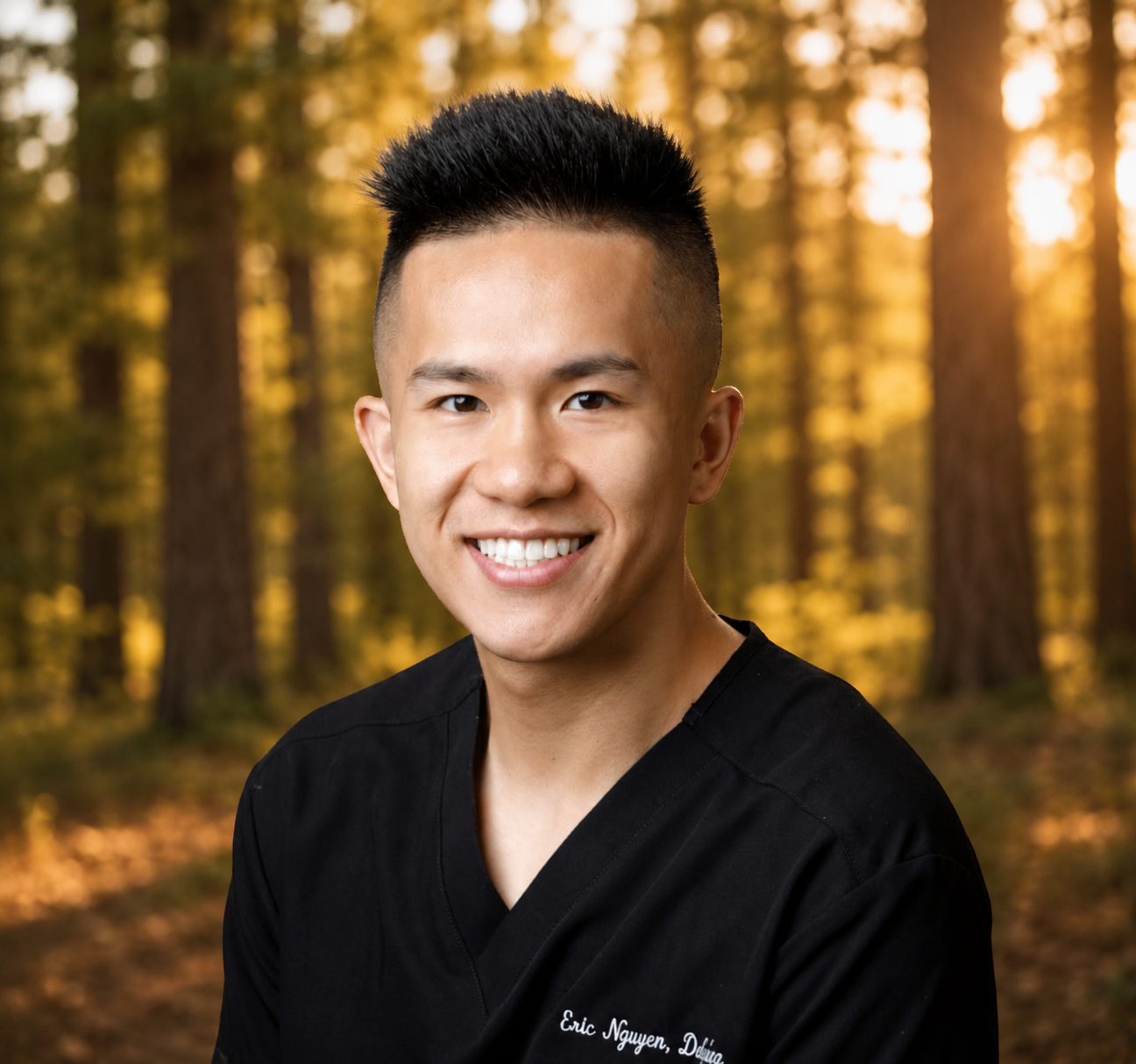 Portrait of Dr Eric Nguyen smiling in black dental scrubs with a forest background