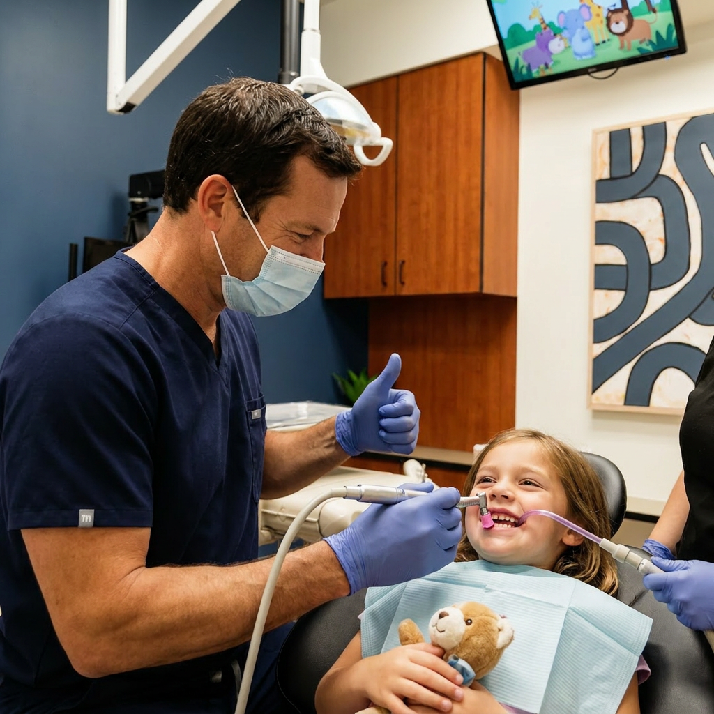 A dentist at Advanced Dental & Implant Center in Monument, CO gives a thumbs up during a child tooth cleaning.