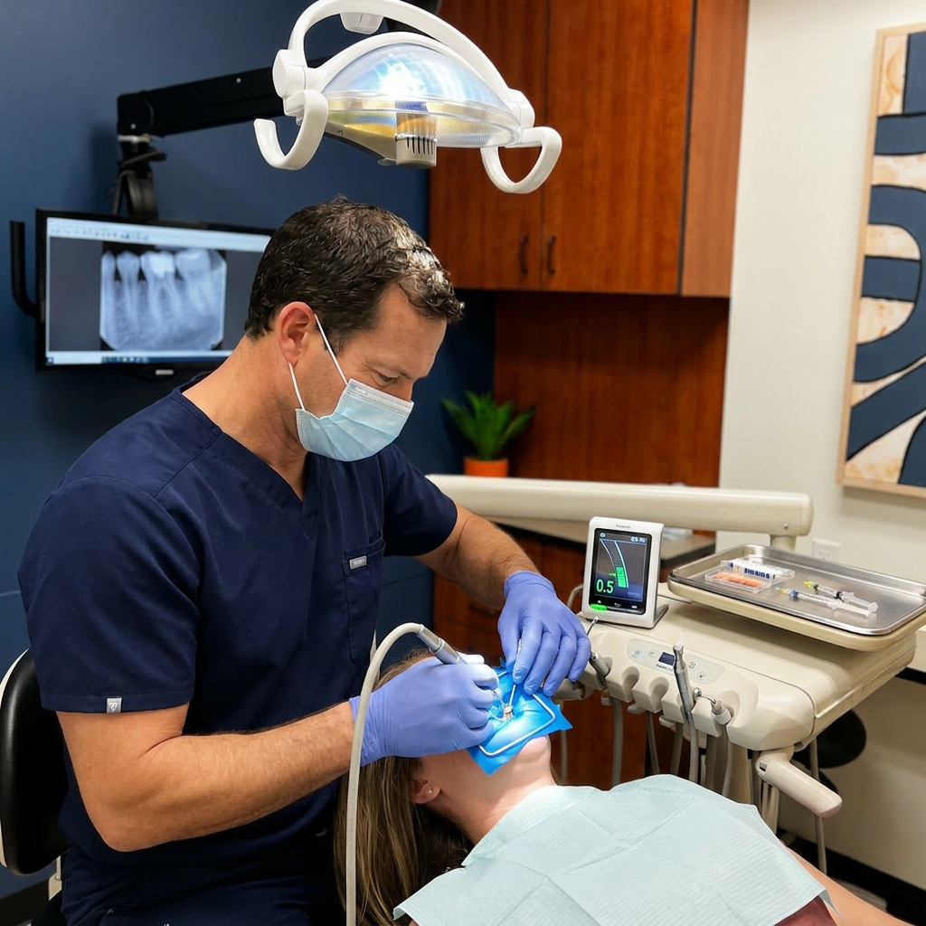 A dentist at Advanced Dental & Implant Center in Monument uses a rotary motor and apex locator for endodontic treatment.
