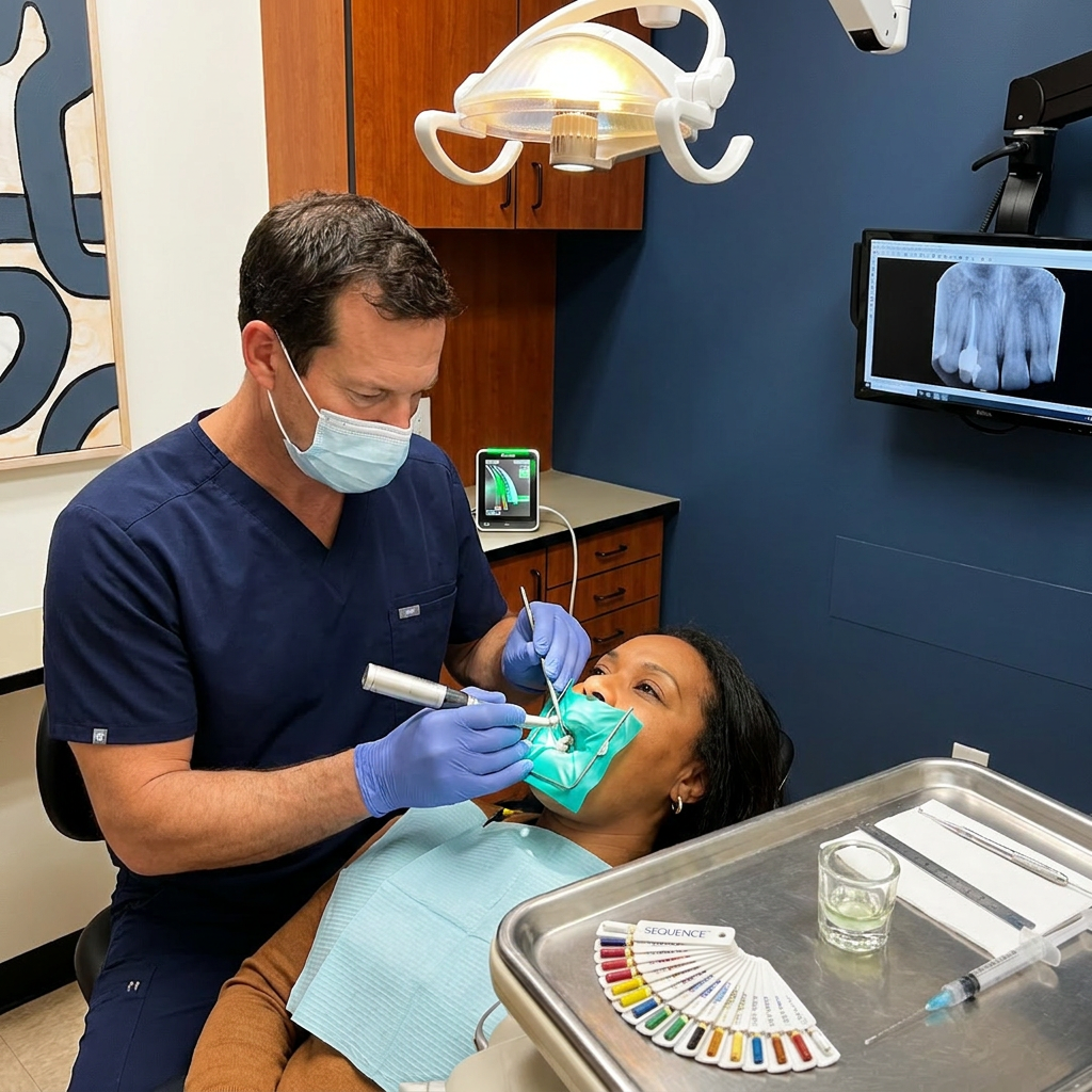 A dentist performs a precise root canal at Advanced Dental & Implant Center in Monument using a rotary handpiece.