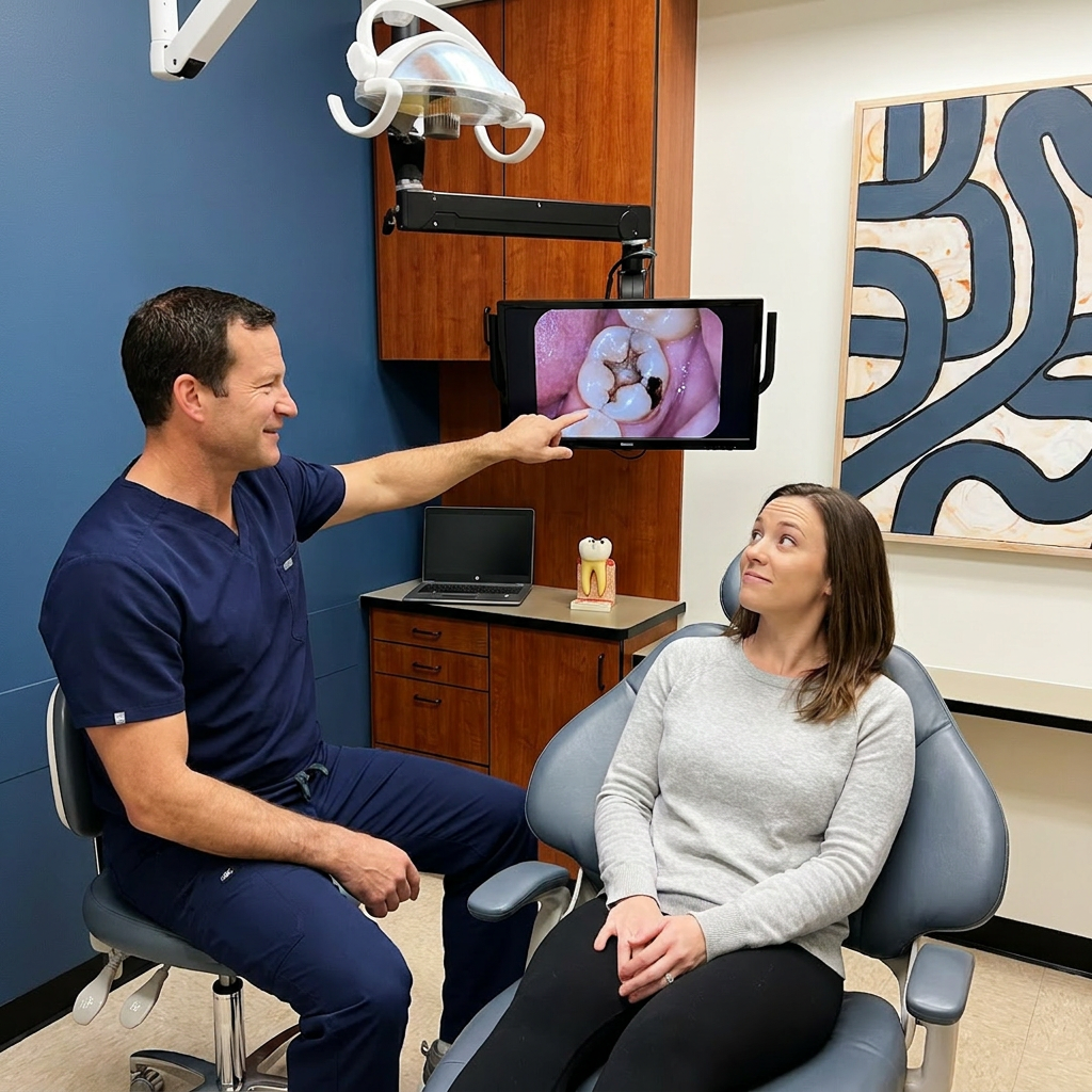 A dentist in Monument, CO points at a monitor to explain a root canal procedure to a patient during a consultation.