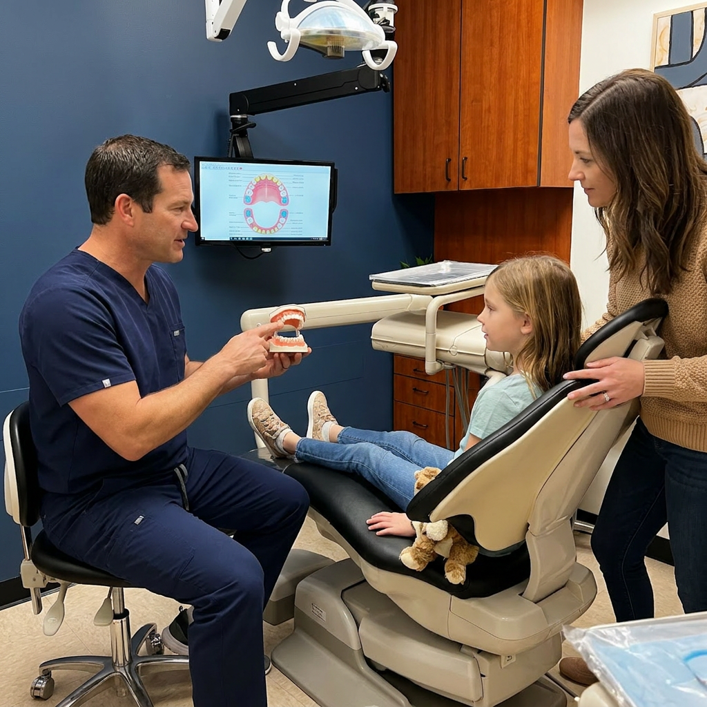 A dentist shows a tooth model to a child and parent during a pediatric visit at Advanced Dental and Implant Center.