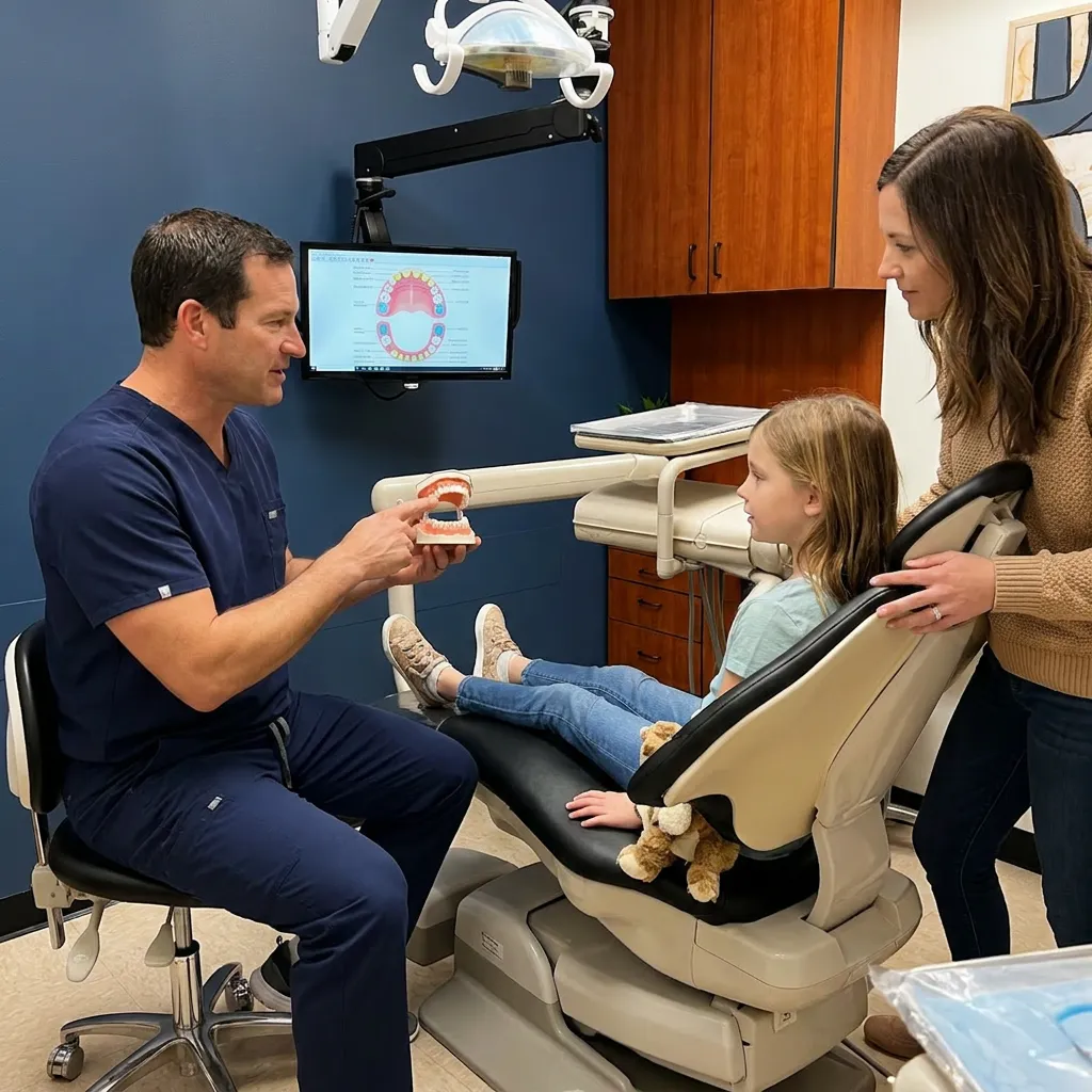 A dentist shows a tooth model to a child and parent during a pediatric visit at Advanced Dental and Implant Center.