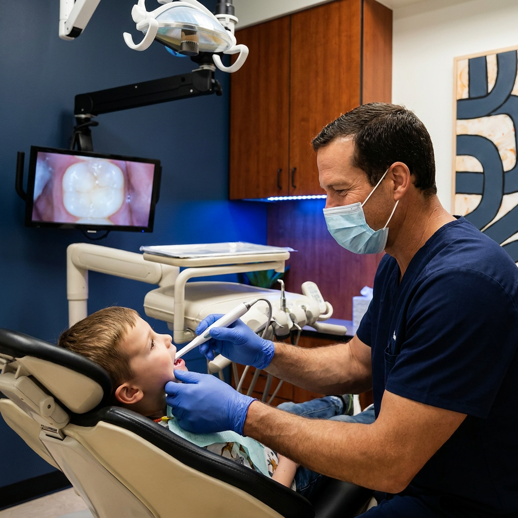 A dentist at Advanced Dental & Implant Center in Monument, CO uses an intraoral camera on a young patient.