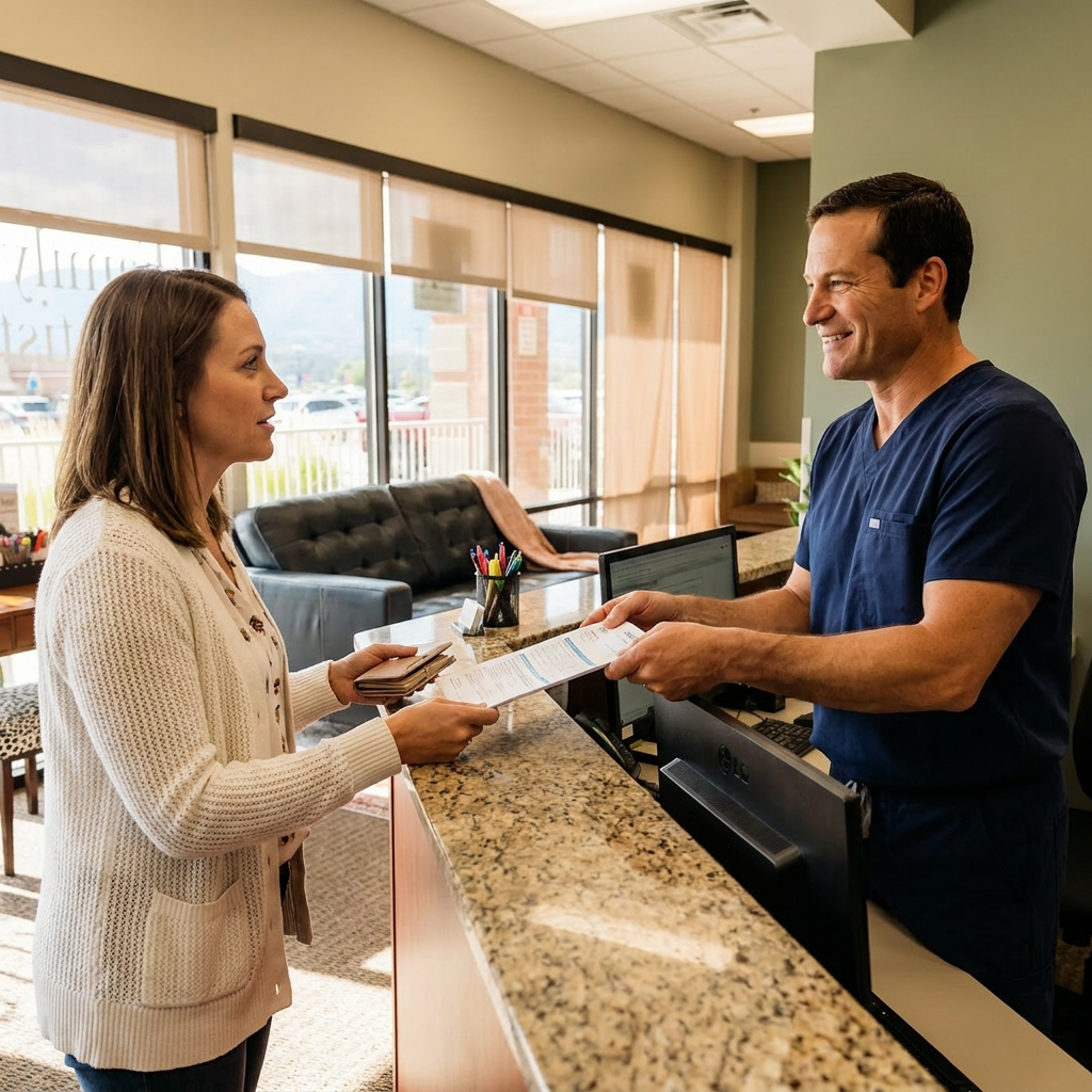 A dentist hands insurance forms to a patient at the Advanced Dental & Implant Center reception desk in Monument.