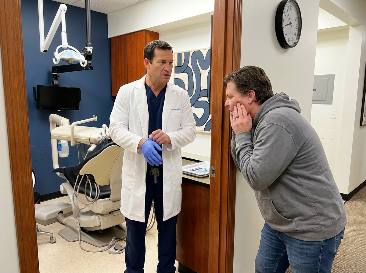 Dentist in a lab coat, pulling on a blue glove, greets a distressed patient clutching their jaw at an operatory entrance for emergency dentistry.