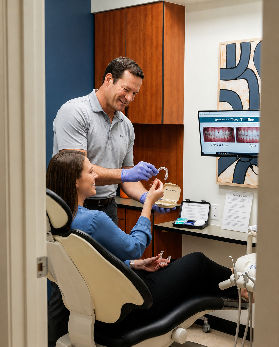 Dentist  presents custom CandidPro® clear aligners to a smiling patient after clear aligner treatment, reviewing new retainers and care while holding a final aligner