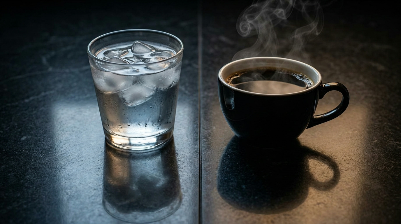 A glass of ice water with condensation and a steaming black coffee cup sit side by side on a dark, reflective surface.