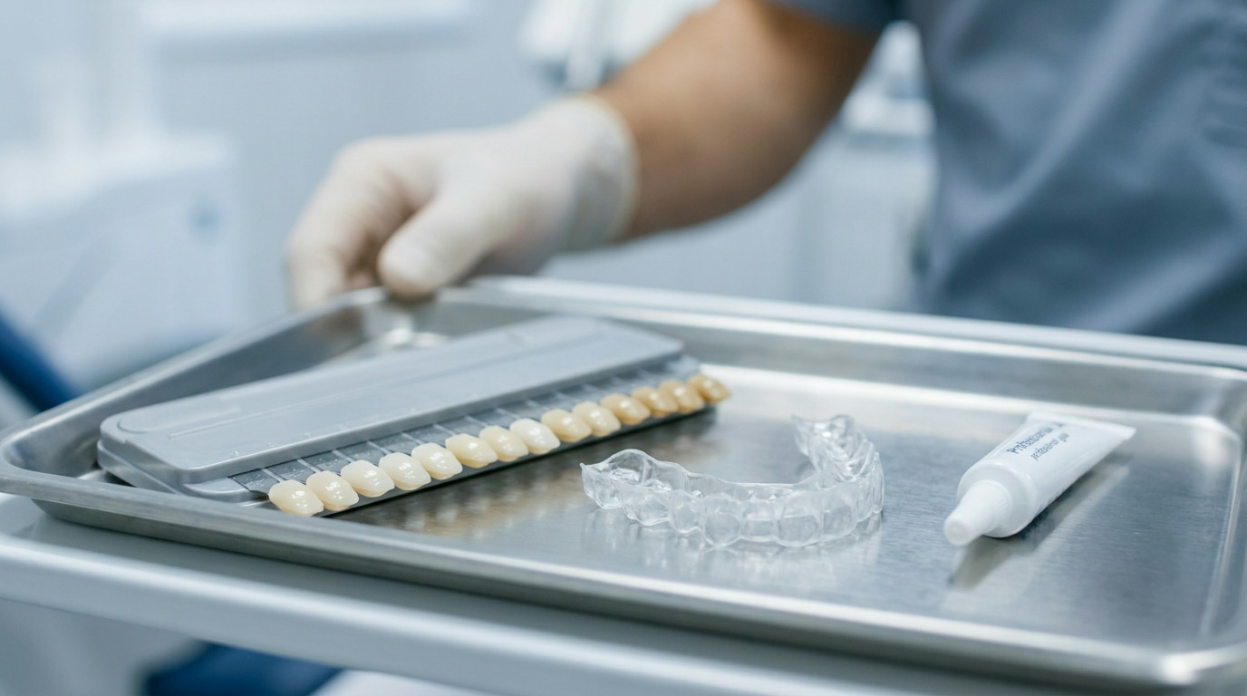 A gloved hand holds a dental tray with a teeth shade guide, a clear dental aligner, and a tube of whitening gel in a clinical setting.