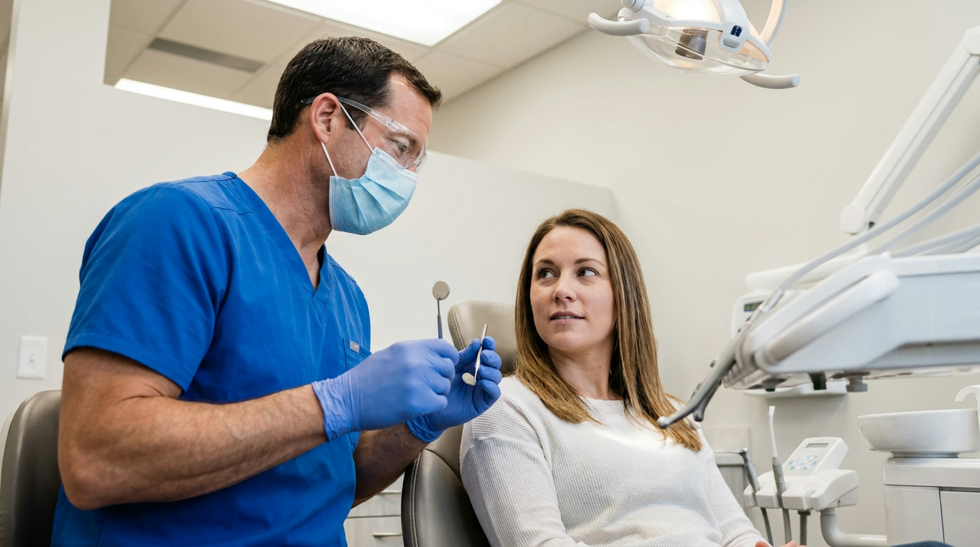Dr. Scott R. Hill, wearing blue scrubs, safety glasses, and a mask, holds a dental mirror and instrument while looking at Amanda, who is seated in a dental chair and listening attentively in a well-lit operatory.