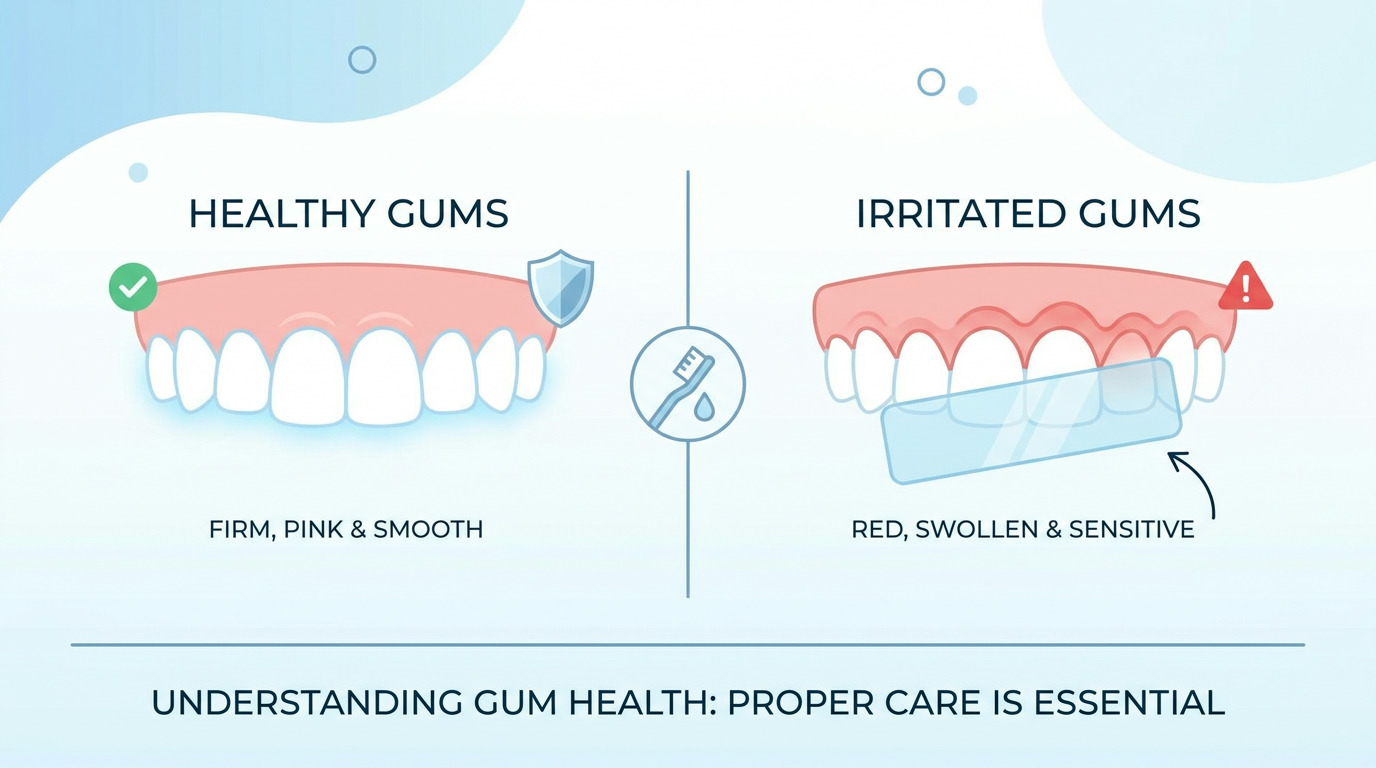 An infographic shows two sets of teeth with gums: one labeled "Healthy Gums" with a checkmark and shield, described as "FIRM, PINK & SMOOTH"; the other labeled "Irritated Gums" with an exclamation mark and a whitening strip, described as