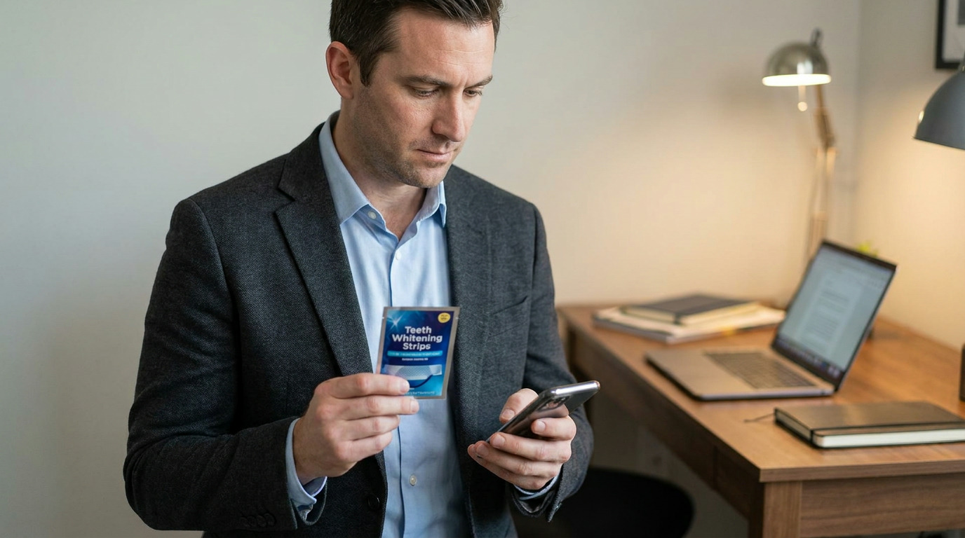 Connor, wearing a charcoal blazer and light blue shirt, holds a teeth whitening strip package and a smartphone while looking at the phone. A blurred office desk with a laptop and lamps is in the background.