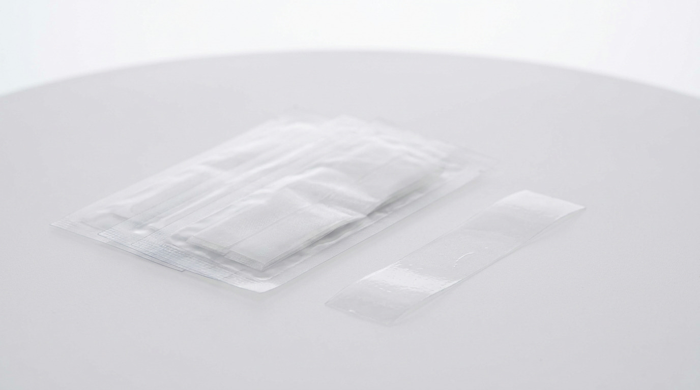 Several translucent whitening strips, some in individual packaging and one unwrapped, lie on a clean white surface.