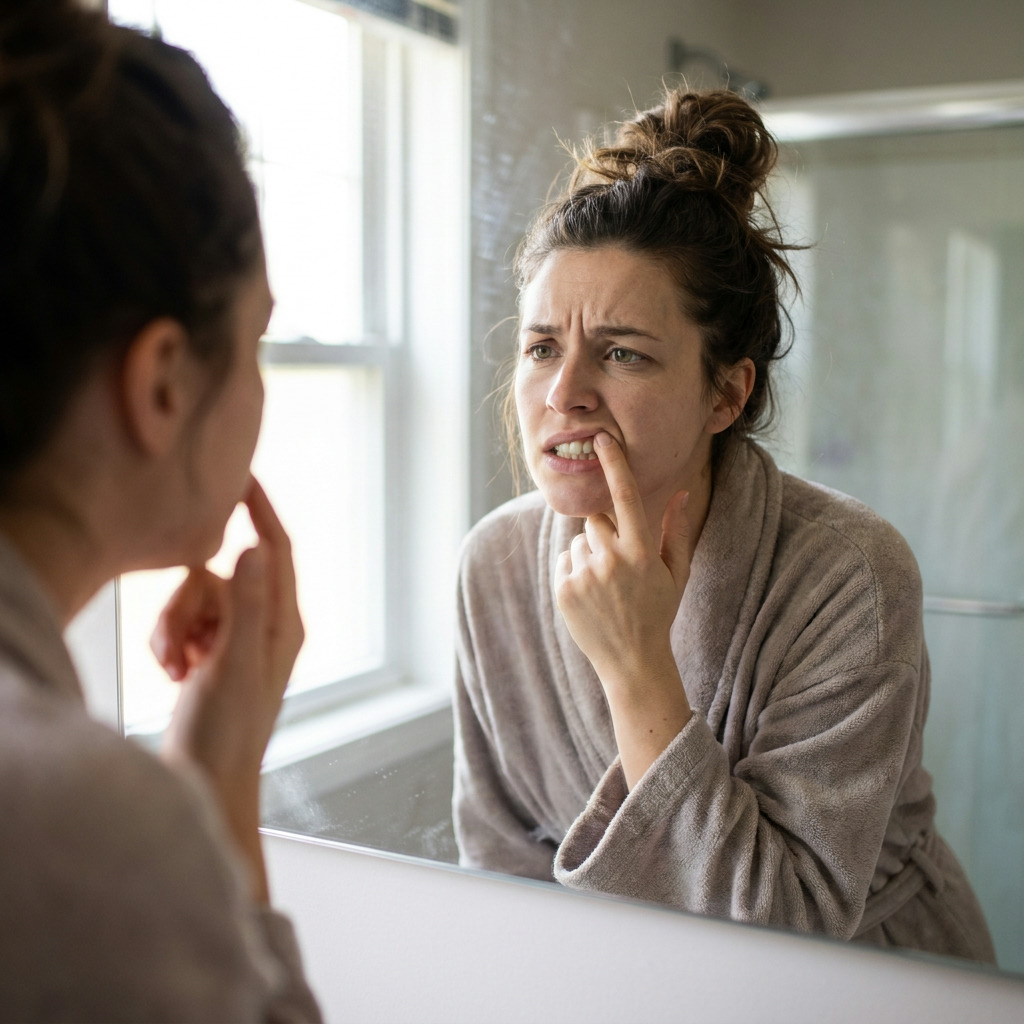 Sarah, wearing a brown robe with her hair in a messy bun, looks into a bathroom mirror, lifting her upper lip with her finger to inspect her teeth with a concerned expression.