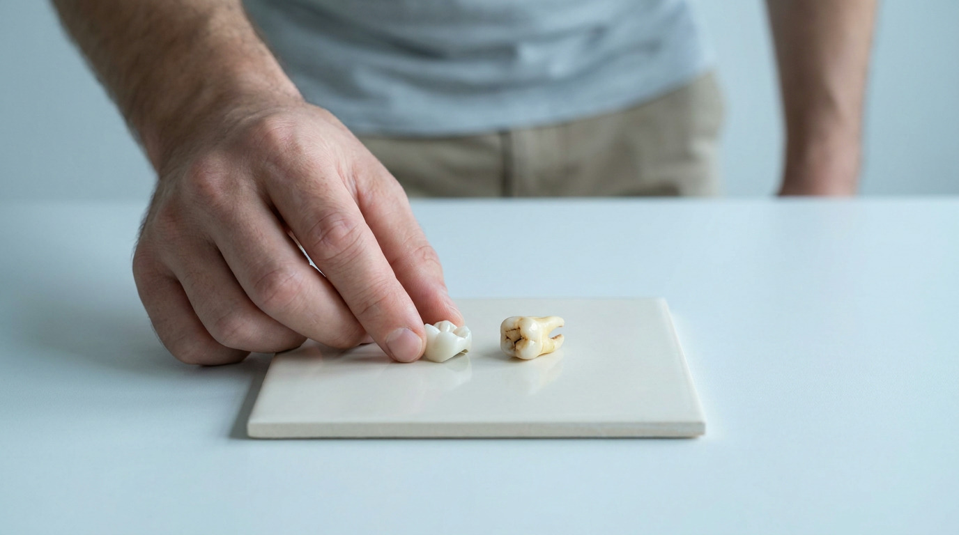 A person's hand holds a white dental crown next to a stained natural tooth on a light tile, with a person in a light shirt and tan pants visible in the background.