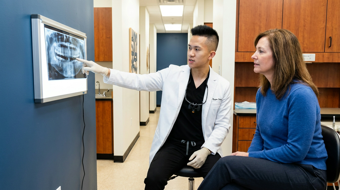 A dentist in a white lab coat and black scrubs points to a dental X-ray on a light box while a patient in a blue sweater sits and listens in a dental office.