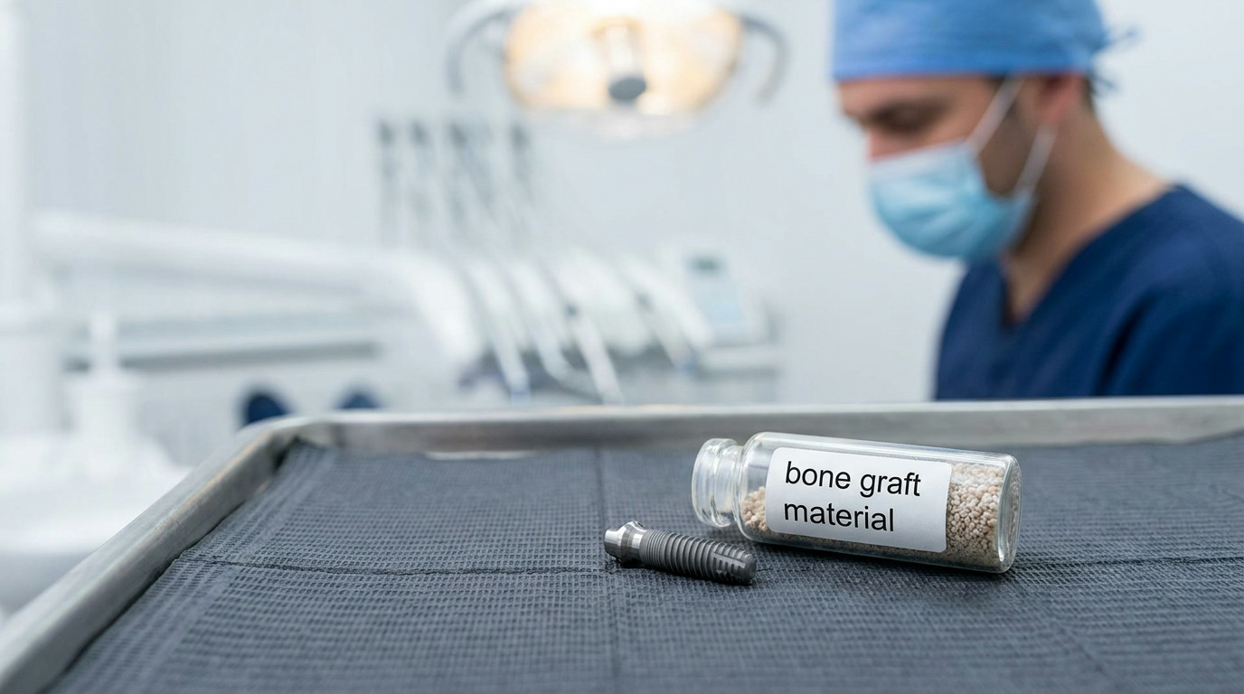 A titanium dental implant post and a vial of bone graft material sit on a gray medical tray, with a masked person in blue scrubs blurred in the background of a dental operatory.
