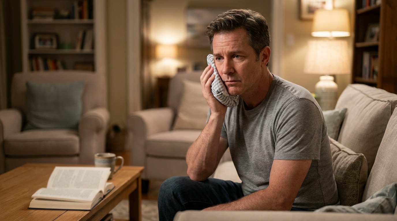 Cameron sits on a sofa in a living room, holding a striped cloth to his cheek, with an open book and mug on a coffee table.