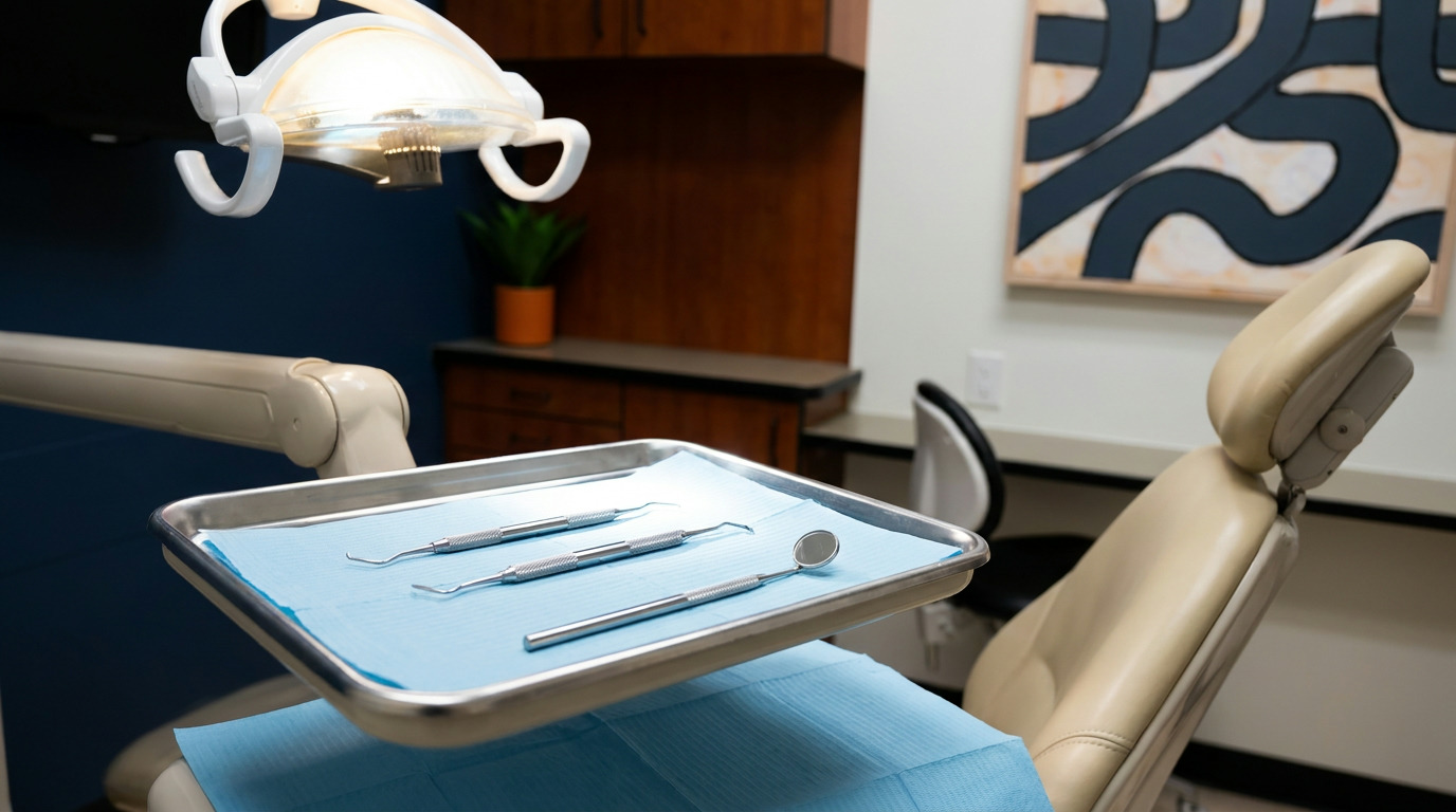 A dental operatory features a beige dental chair, a bright overhead light, and a tray with three dental instruments on a blue paper cover, with dark blue walls and abstract art in the background.