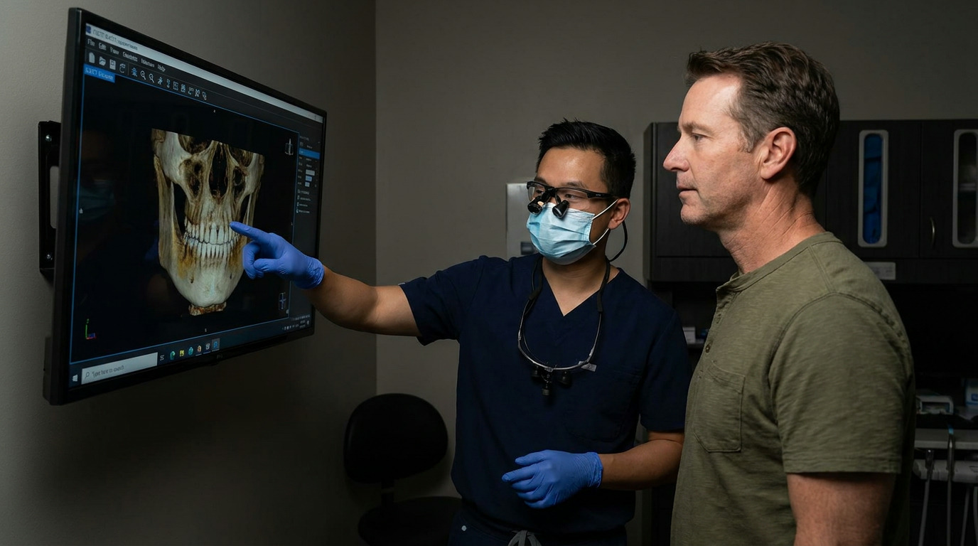 A dentist in scrubs, mask, and loupes points to a 3D skull scan on a monitor while a man in a green shirt looks on in a dimly lit room.