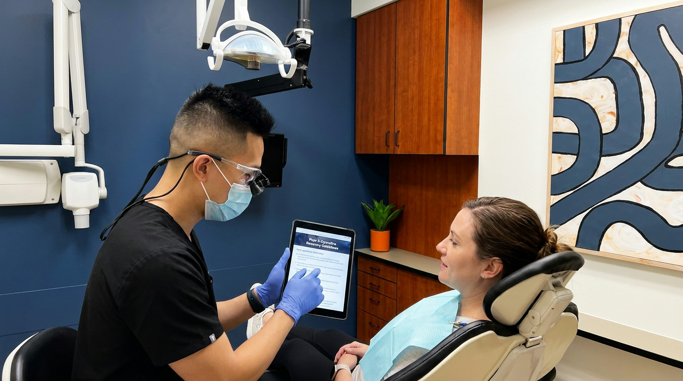 A dentist in scrubs, mask, and loupes shows a tablet with recovery guidelines to a patient in a dental chair.