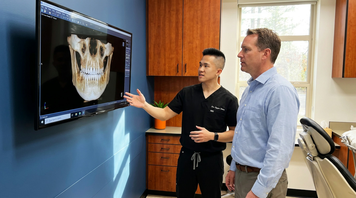 A dentist in black scrubs points at a 3D jawbone scan on a TV screen while a man in a light blue shirt stands next to him in a modern dental office.