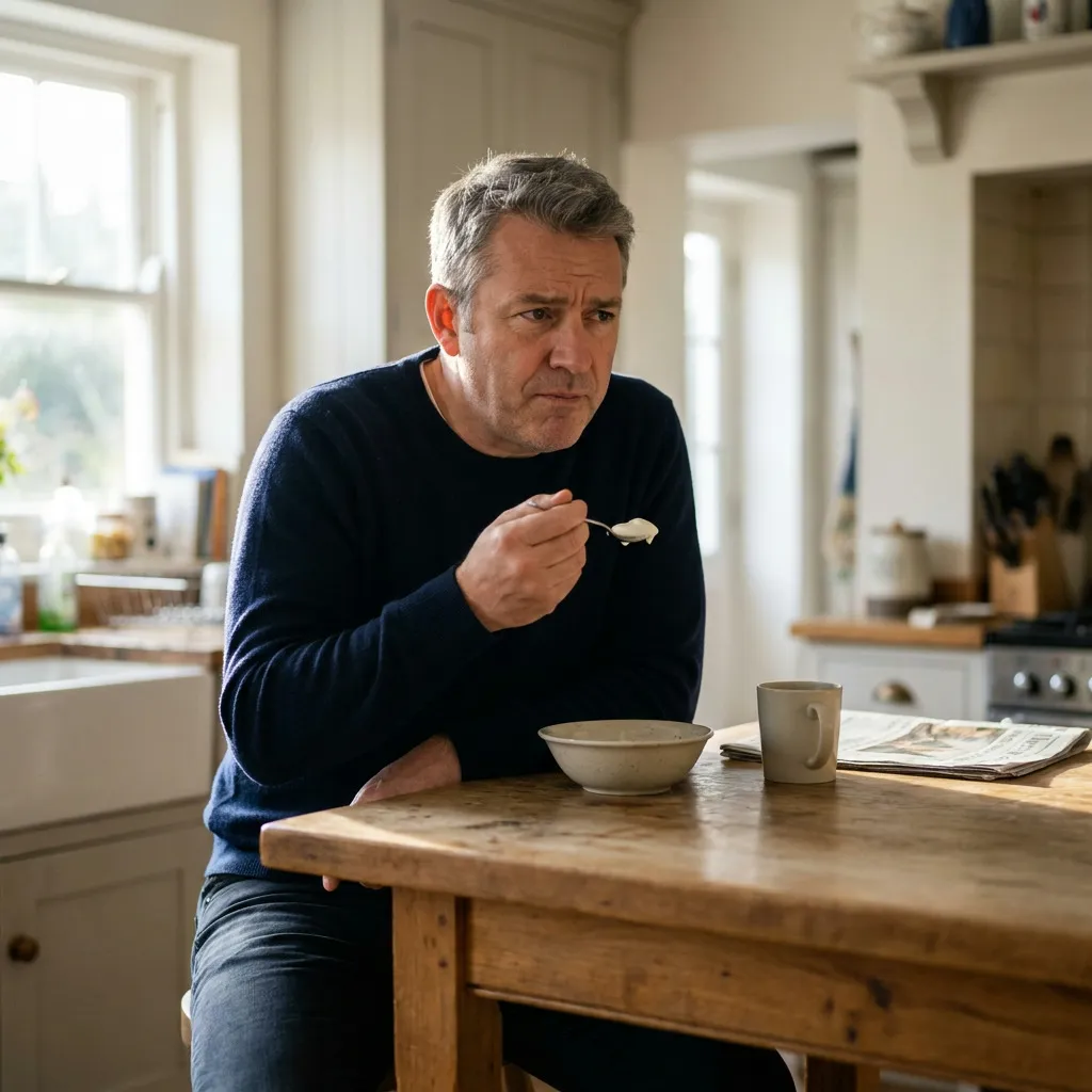 Cameron sits at a wooden table in a sunlit kitchen, holding a spoon with food near his mouth, with a bowl, mug, and newspaper on the table.
