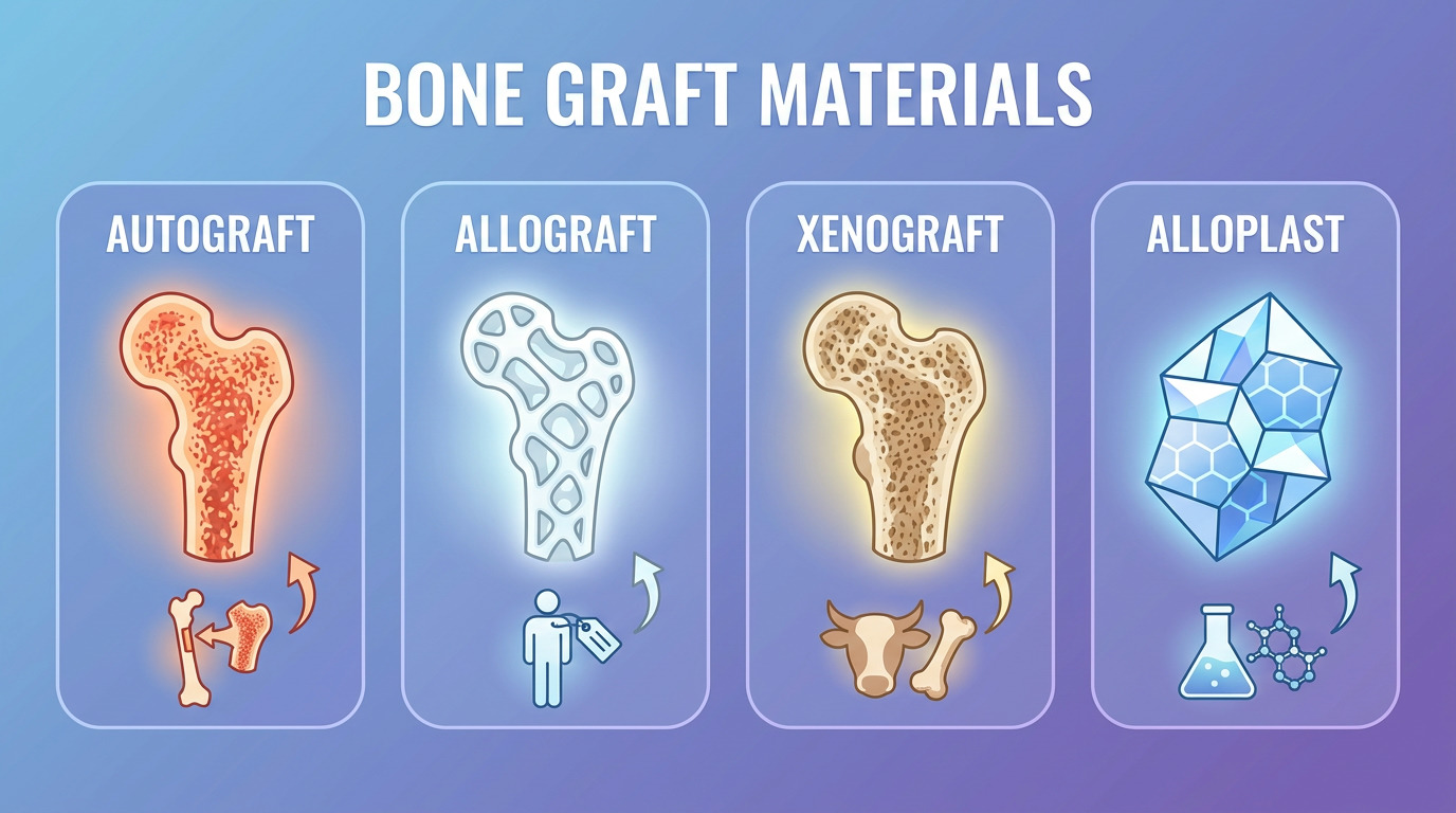 An infographic displays four types of bone graft materials: Autograft (bone from self), Allograft (bone from another person), Xenograft (bone from animal), and Alloplast (synthetic material).