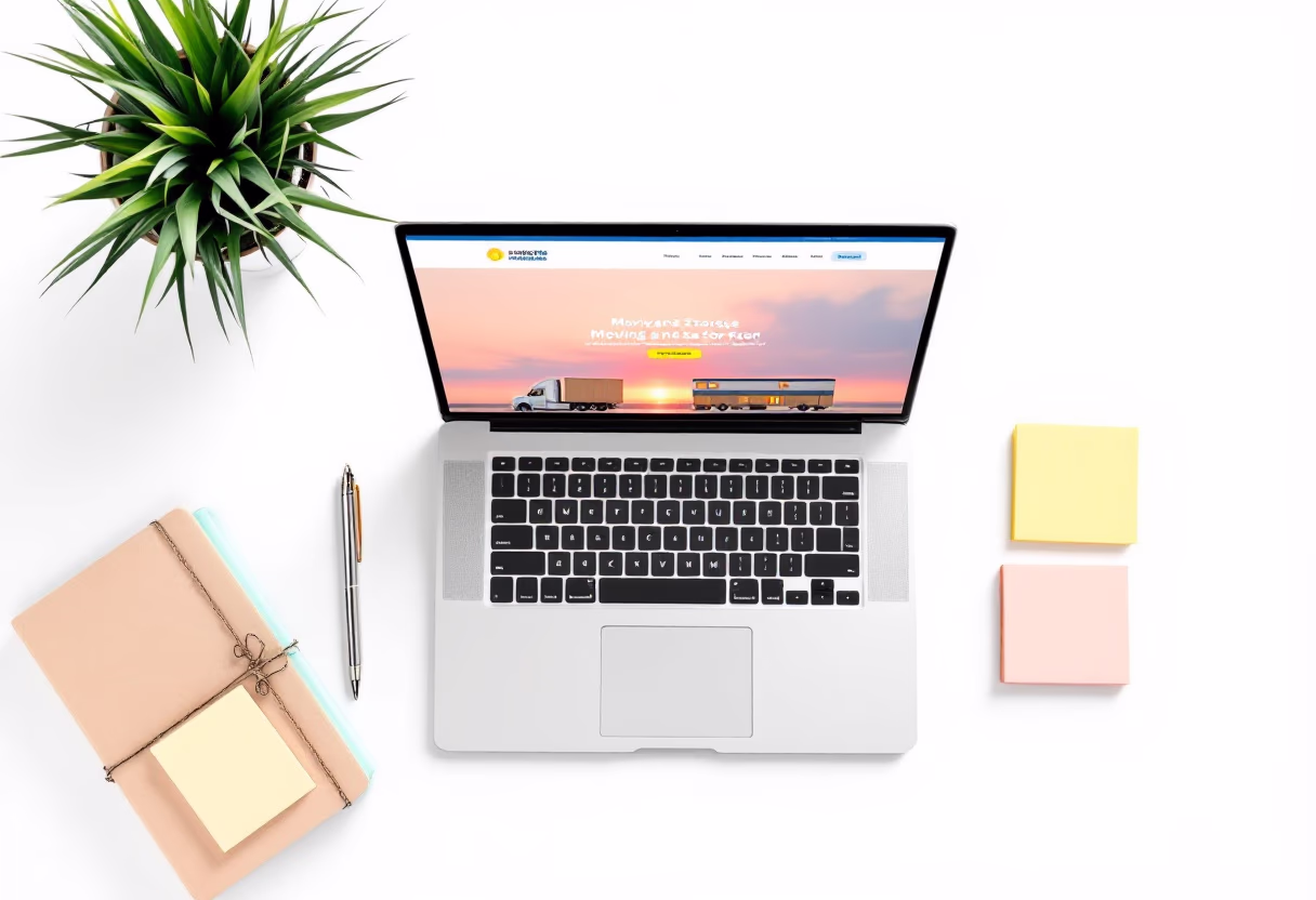 [background image] topdown photo of a desk with a laptop and a plant (for a moving & storage company)