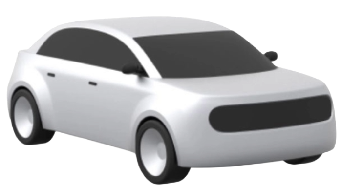Minimalist white compact car with smooth edges and dark tinted windows, shown in a 3D style.