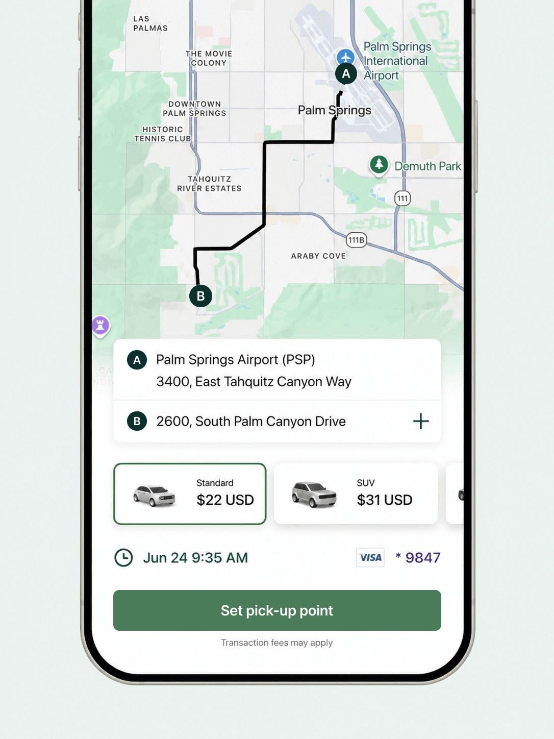 Phone screen showing route from Palm Springs Airport to South Palm Canyon Drive with ride options and prices.