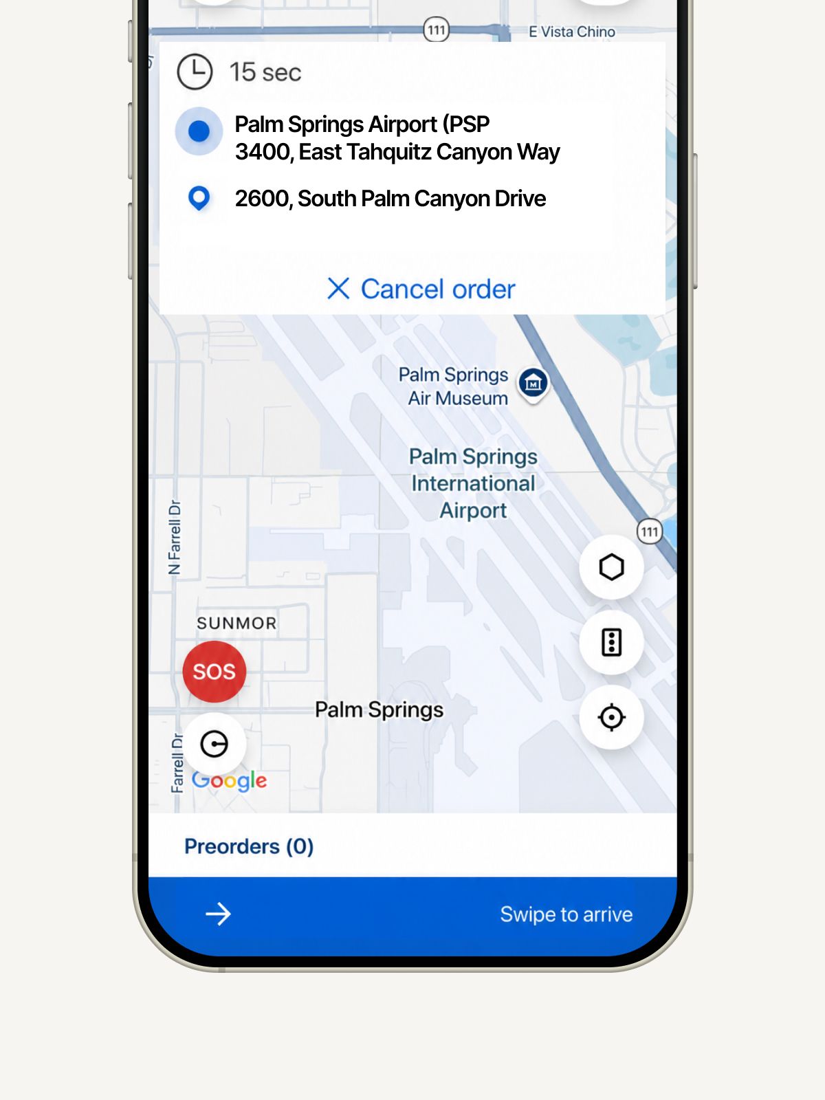 Phone screen shows map with Palm Springs Airport selected and options to cancel order or swipe to arrive.