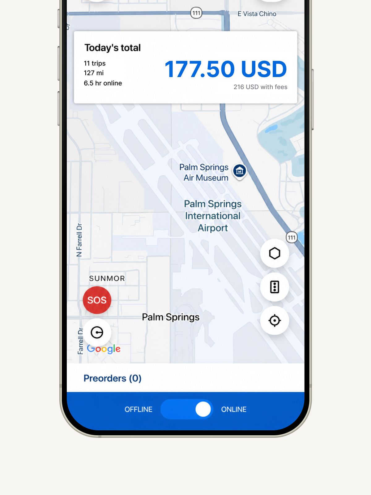 Phone app displays map of Palm Springs with earnings of 177.50 USD from 11 trips and 127 miles.