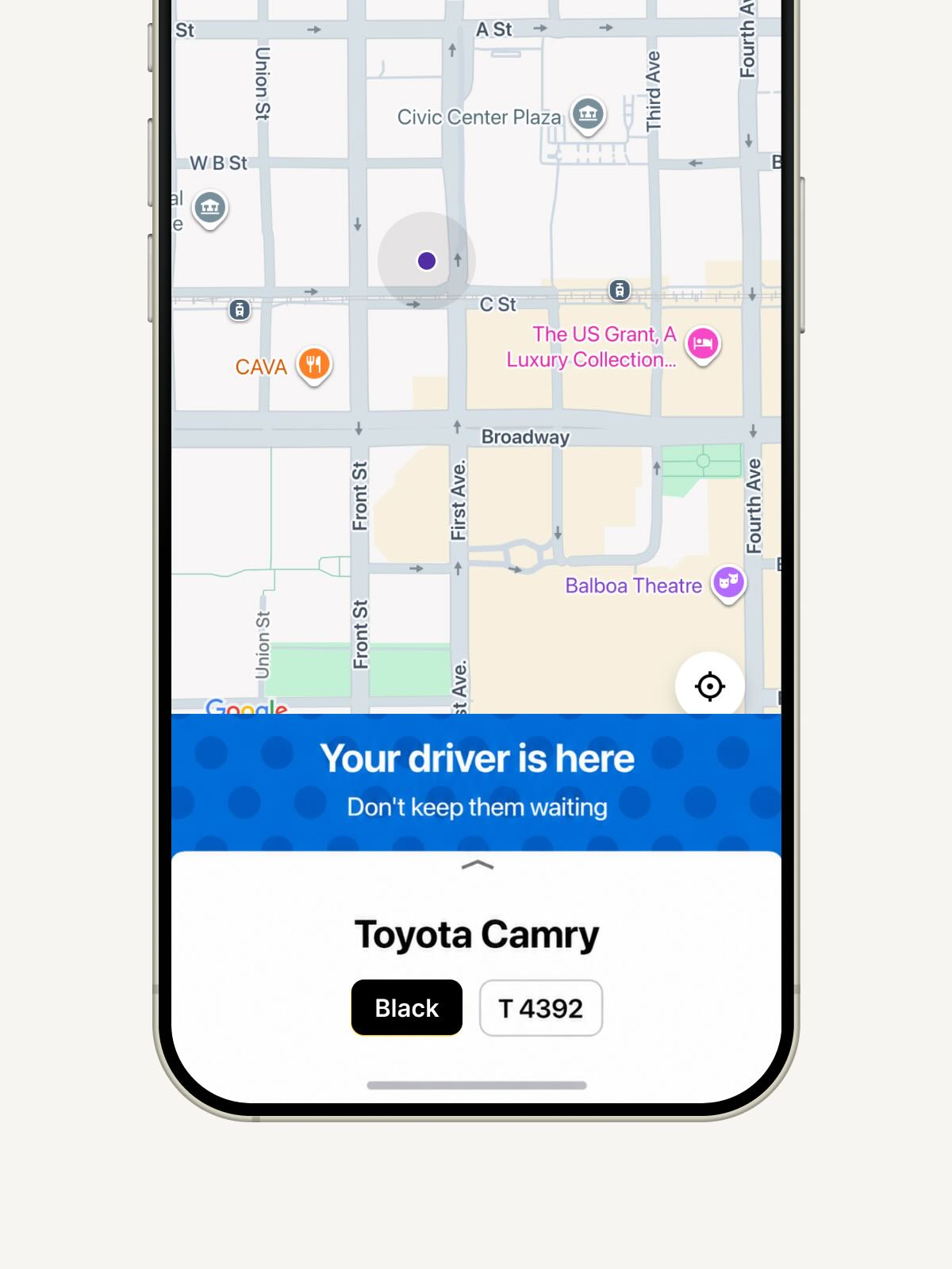 Phone screen shows map and message 'Your driver is here' with car details Toyota Camry, black, plate T 4392.