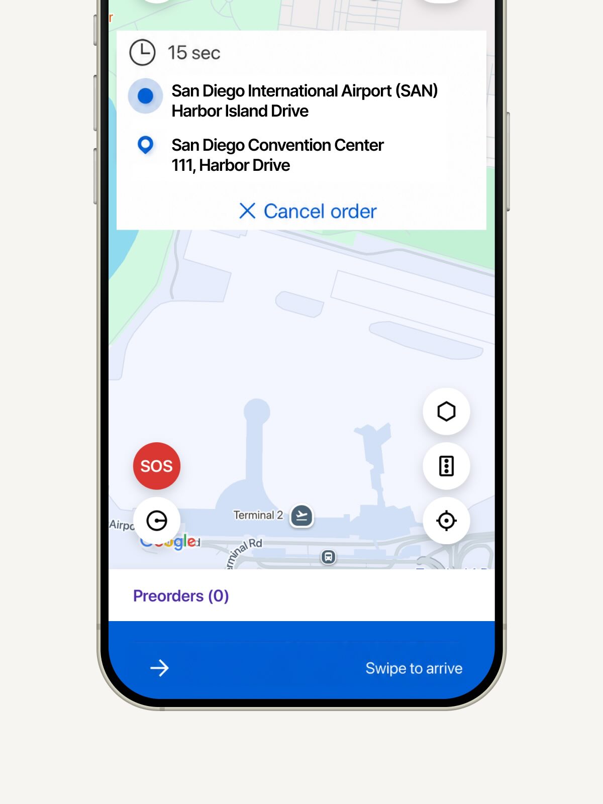 Map on phone showing route from San Diego Airport to Convention Center with cancel order and swipe to arrive buttons.