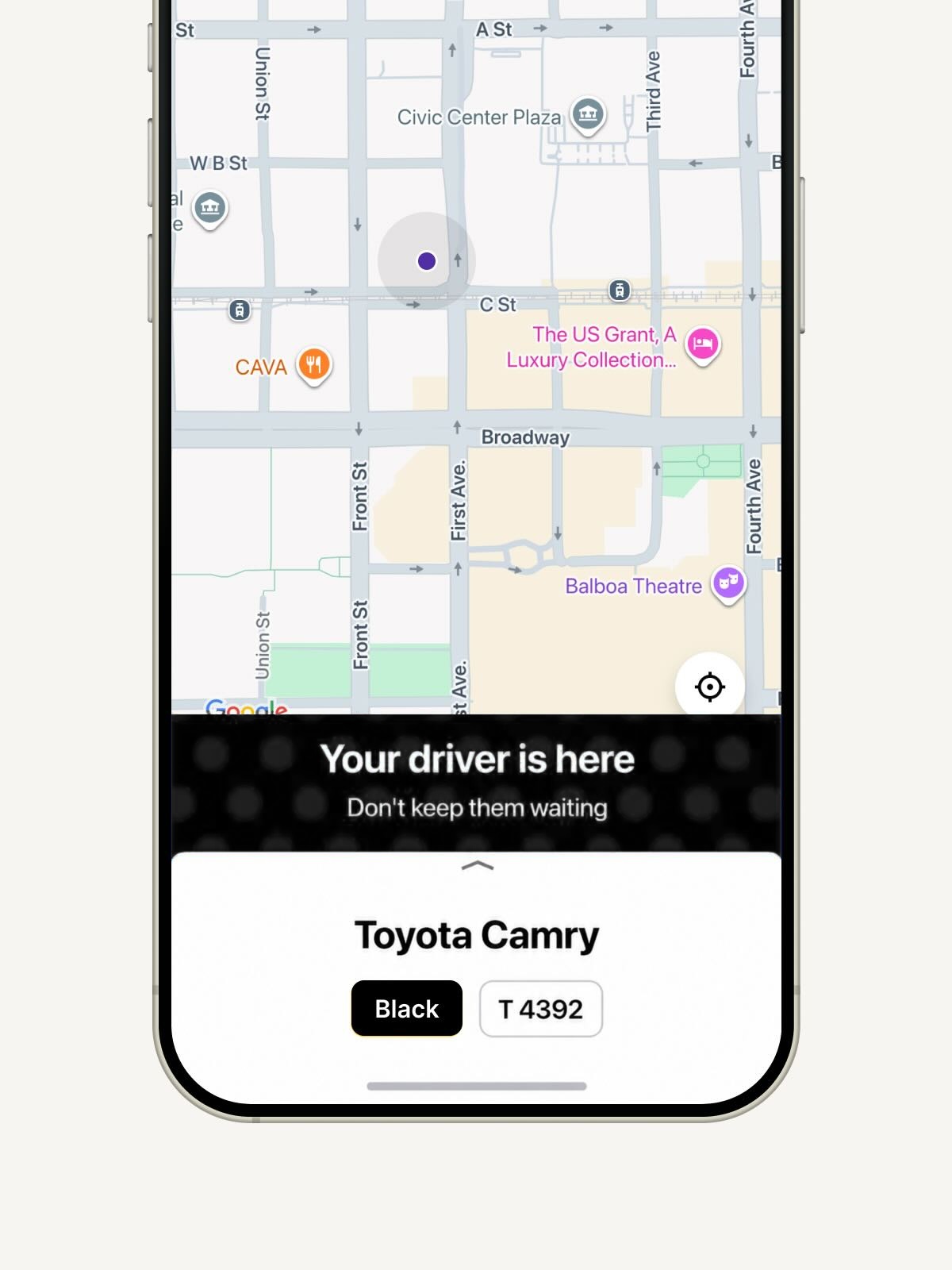 Phone screen shows map and message 'Your driver is here' with car details Toyota Camry, black, plate T 4392.
