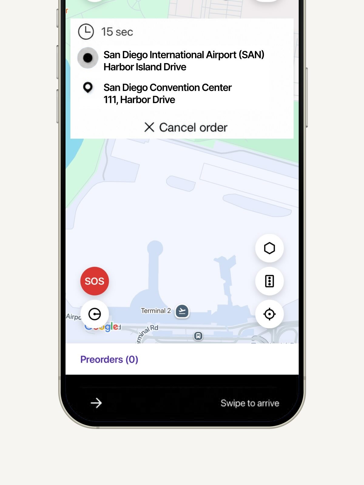 Map on phone showing route from San Diego Airport to Convention Center with cancel order and swipe to arrive buttons.