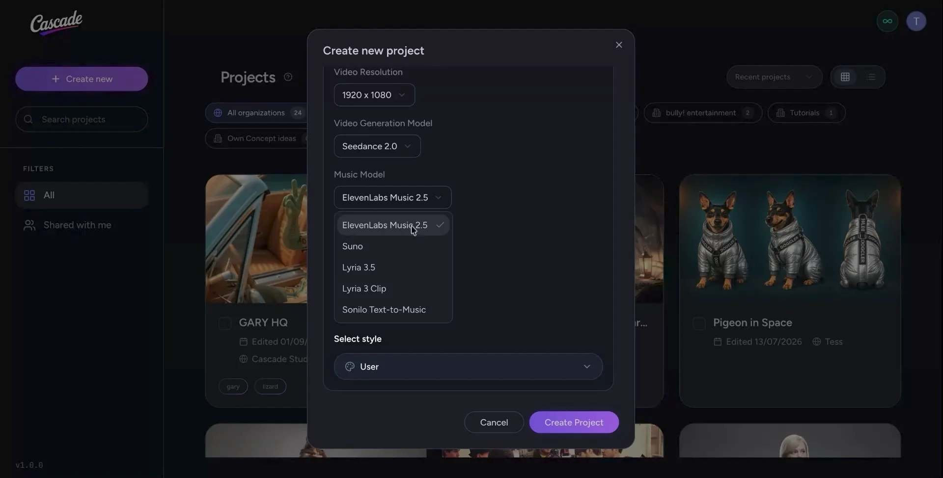 Music model dropdown with ElevenLabs Music, Suno, Lyria and other options