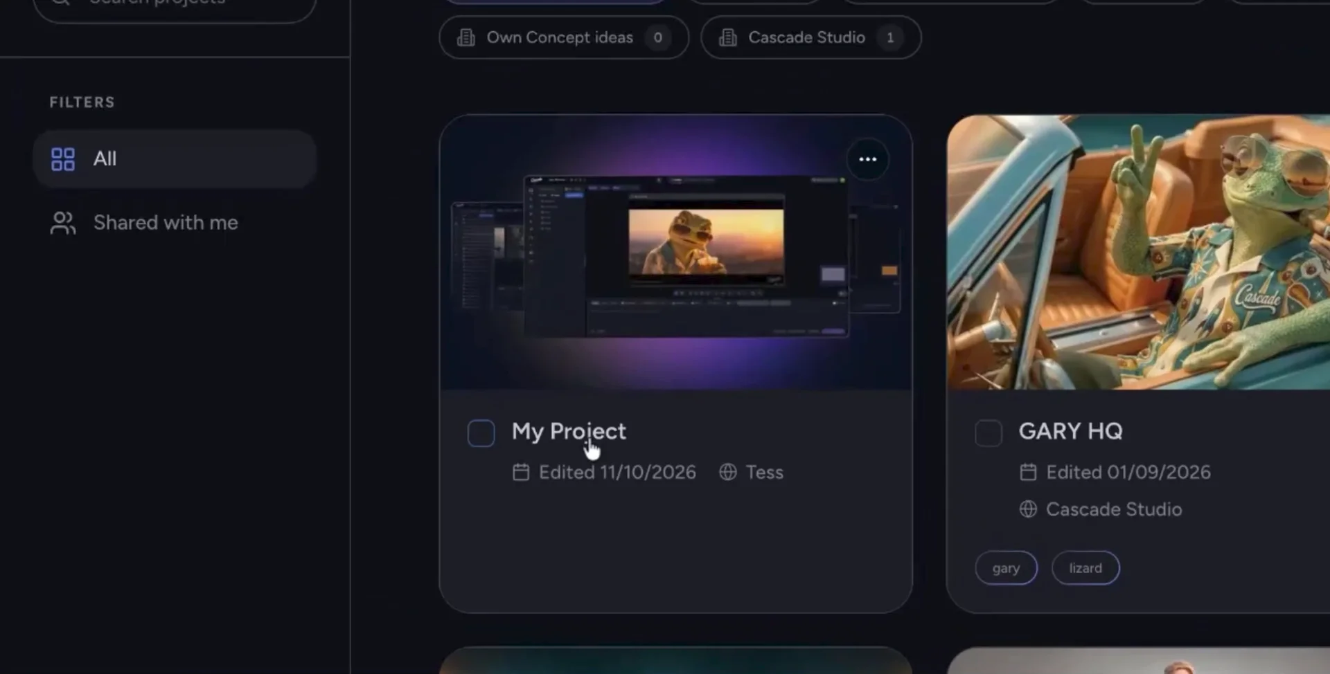 New project listed in the project dashboard