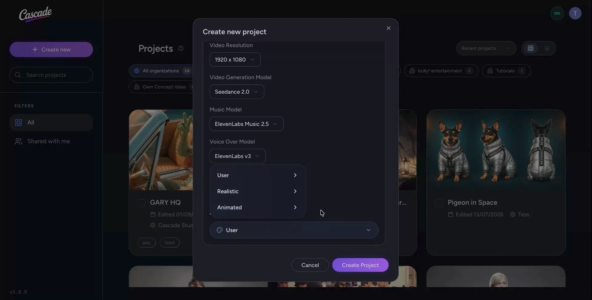 Style menu showing User, Realistic and Animated options