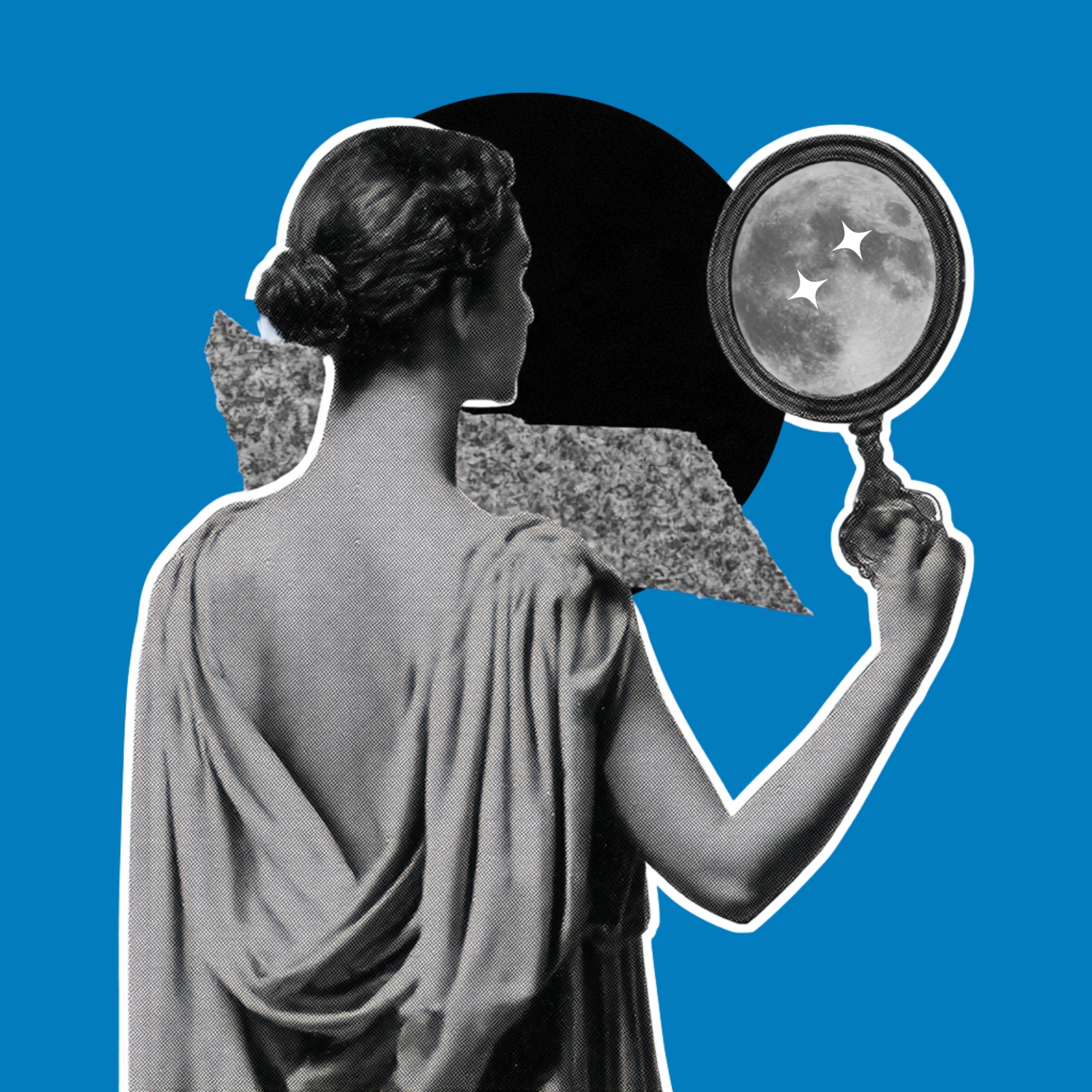 A woman in a draped gown holding a hand mirror that reflects a full moon