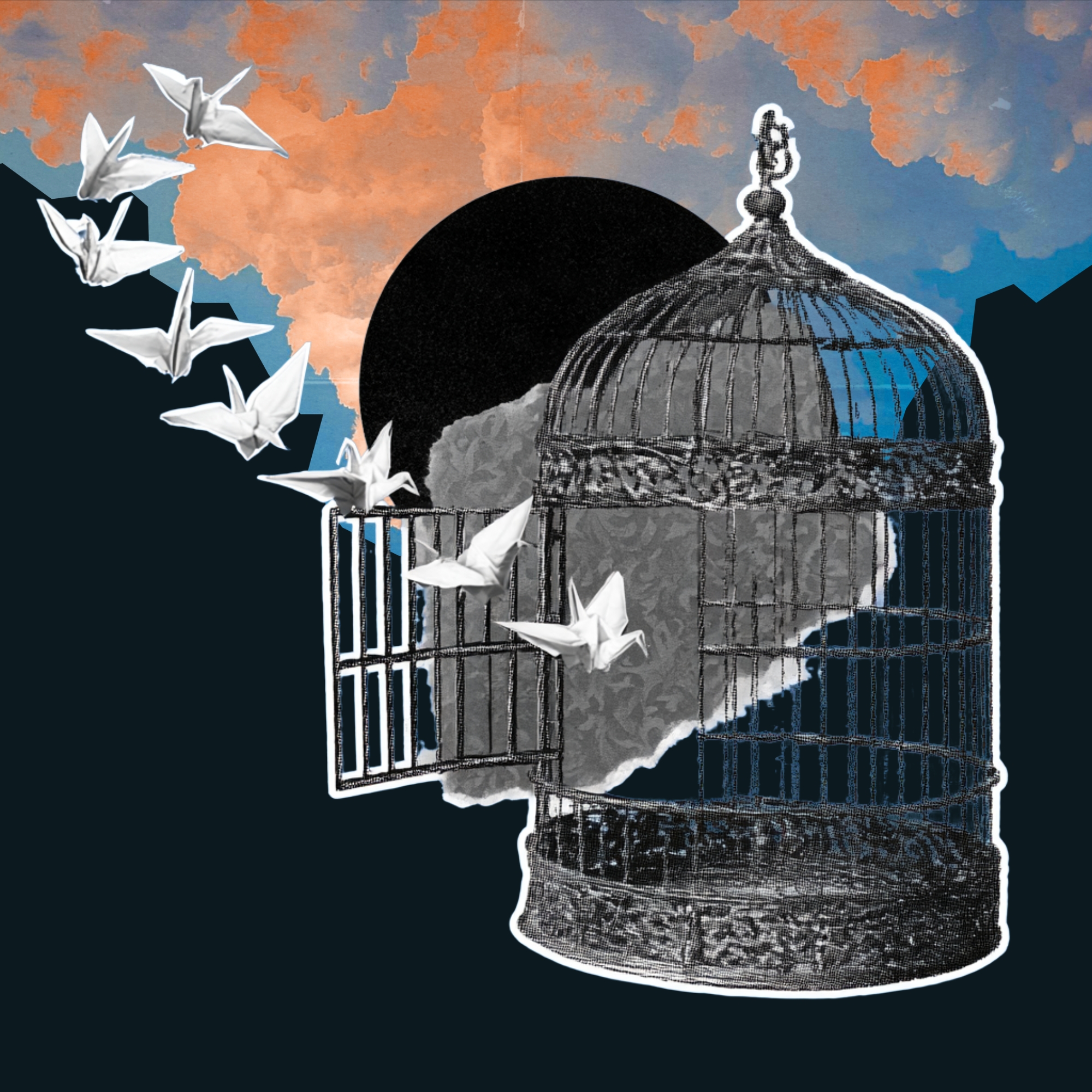 Paper cranes flying out of an open birdcage