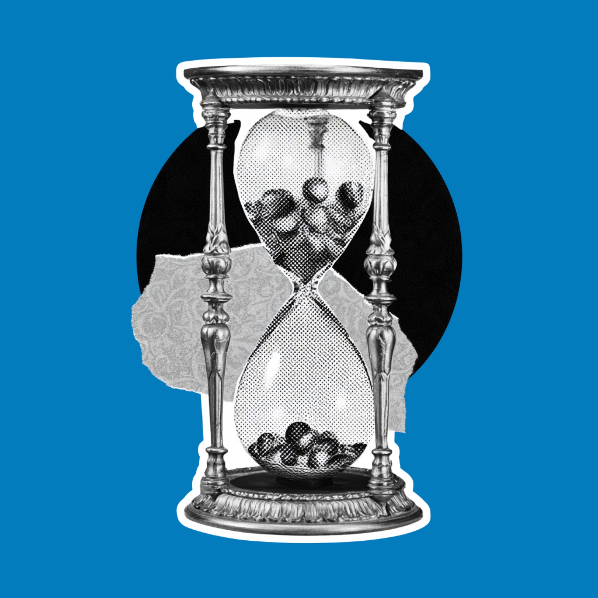 An ornate antique hourglass showing planets trickling from top to bottom