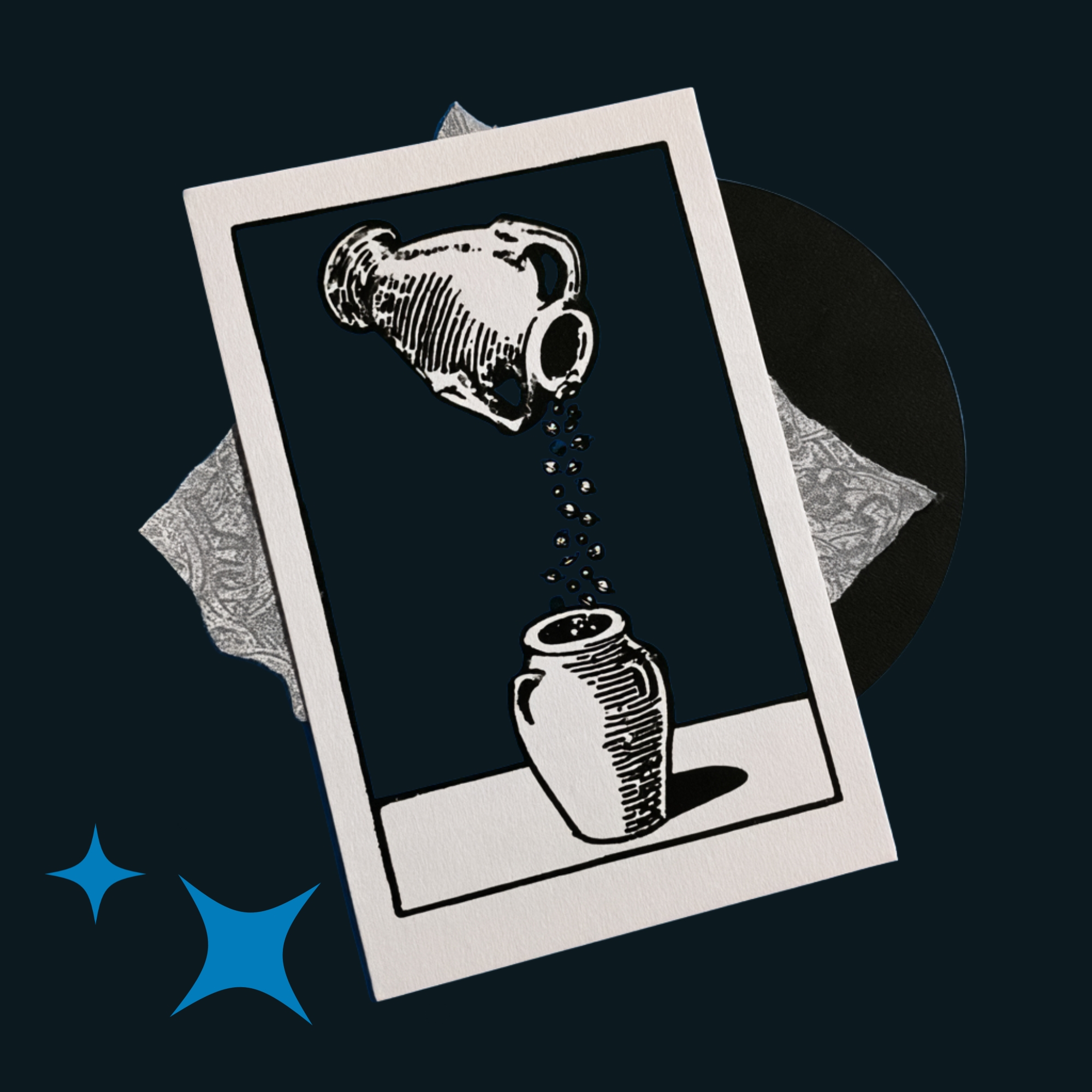 A tarot-style card showing one jar pouring into another