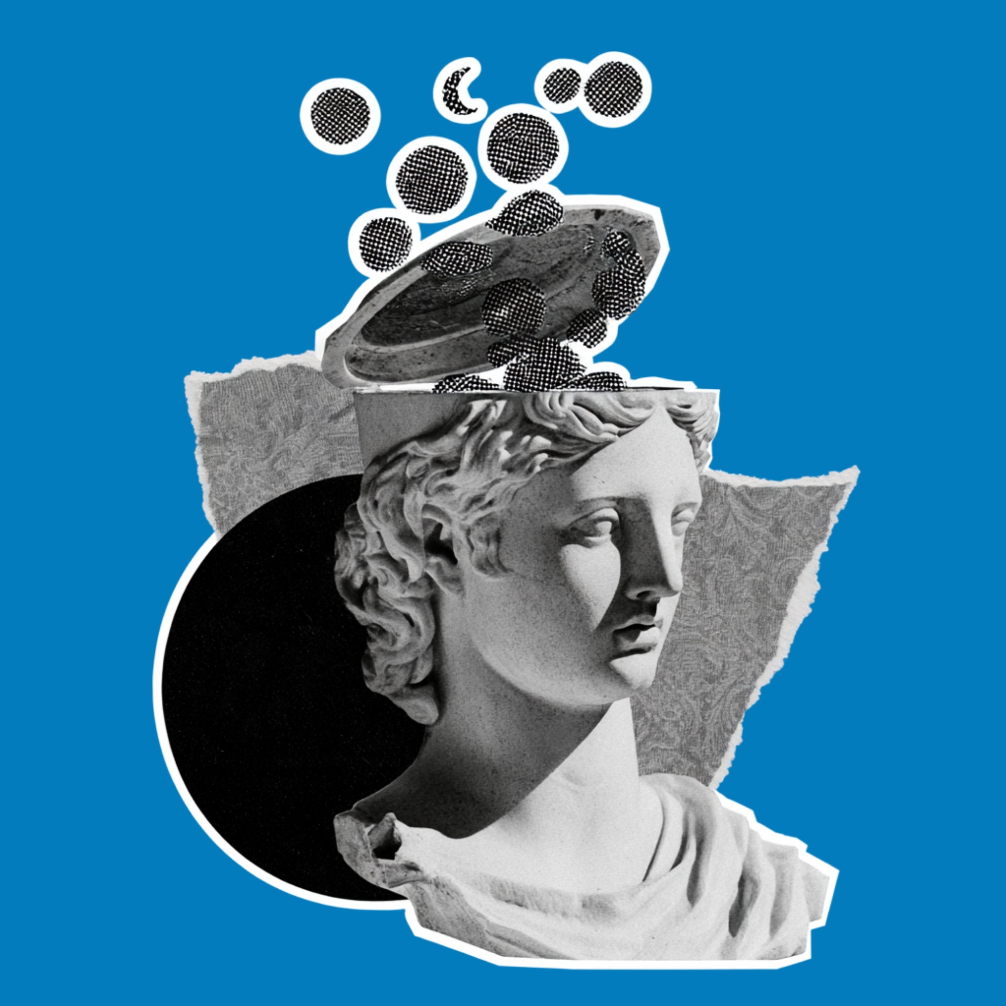 A classical marble head with the top lifted off and planets and stars rising out