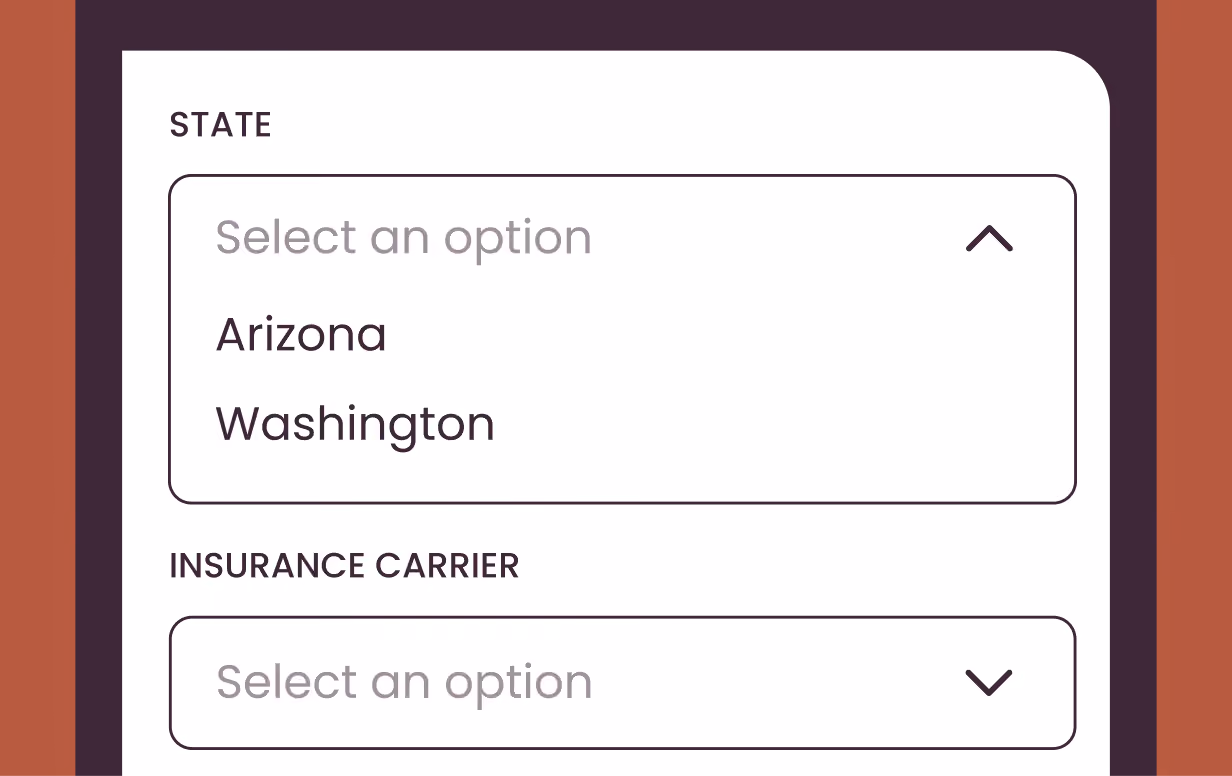 Dropdown menu labeled State with options Arizona and Washington, and another labeled Insurance Carrier.