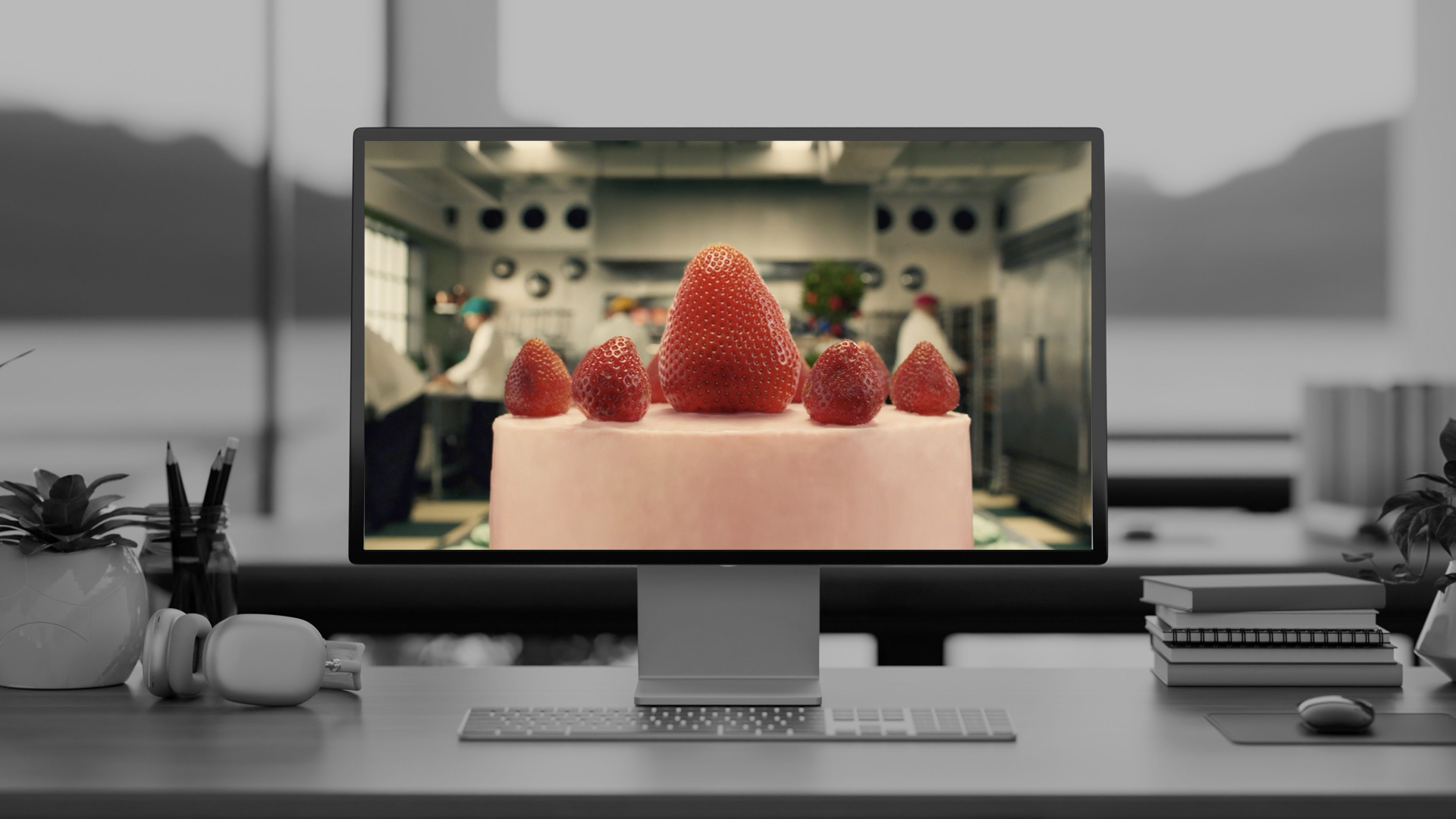 Computer monitor on desk displaying close-up of a pink cake topped with five red strawberries in a kitchen with chefs in the background.