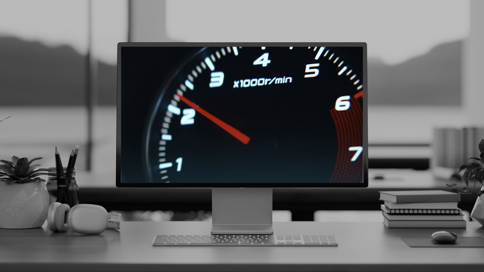 Modern desktop computer on a clean desk showing a close-up image of a tachometer with red needle pointing to about 2, indicating engine revolutions per minute times 1000.