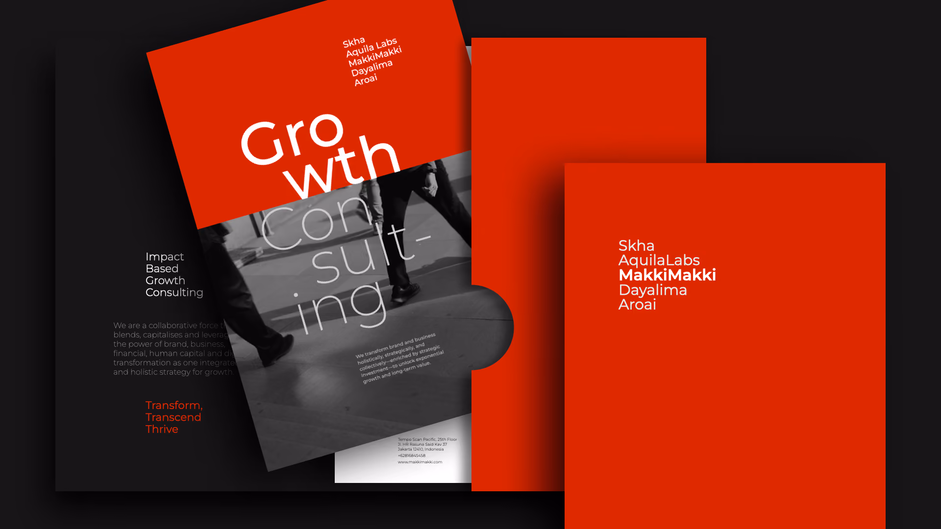 Three overlapping marketing brochures or flyers with bold red covers and black-and-white sections, featuring text about growth consulting, including names Skha, AquilaLabs, MakkiMakki, Dayalima, and Aroai, highlighting impact-based growth consulting and the phrases Transform Transcend Thrive.