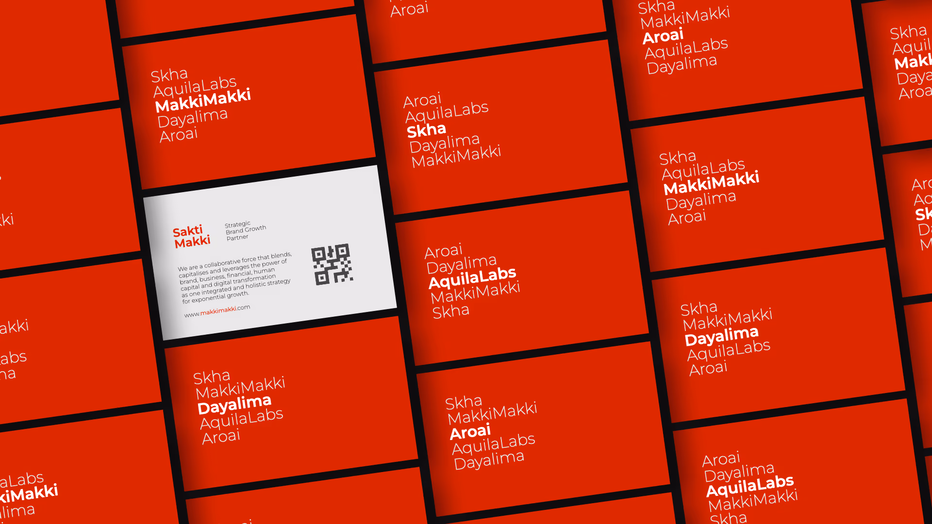 Array of business cards with a red background and white text showing different arrangements of the names Skha, AquilaLabs, MakkiMakki, Dayalima, and Aroai, with one white card displaying text about Sakti Makki as a strategic brand growth partner, a QR code, and a website link makkimakki.com.